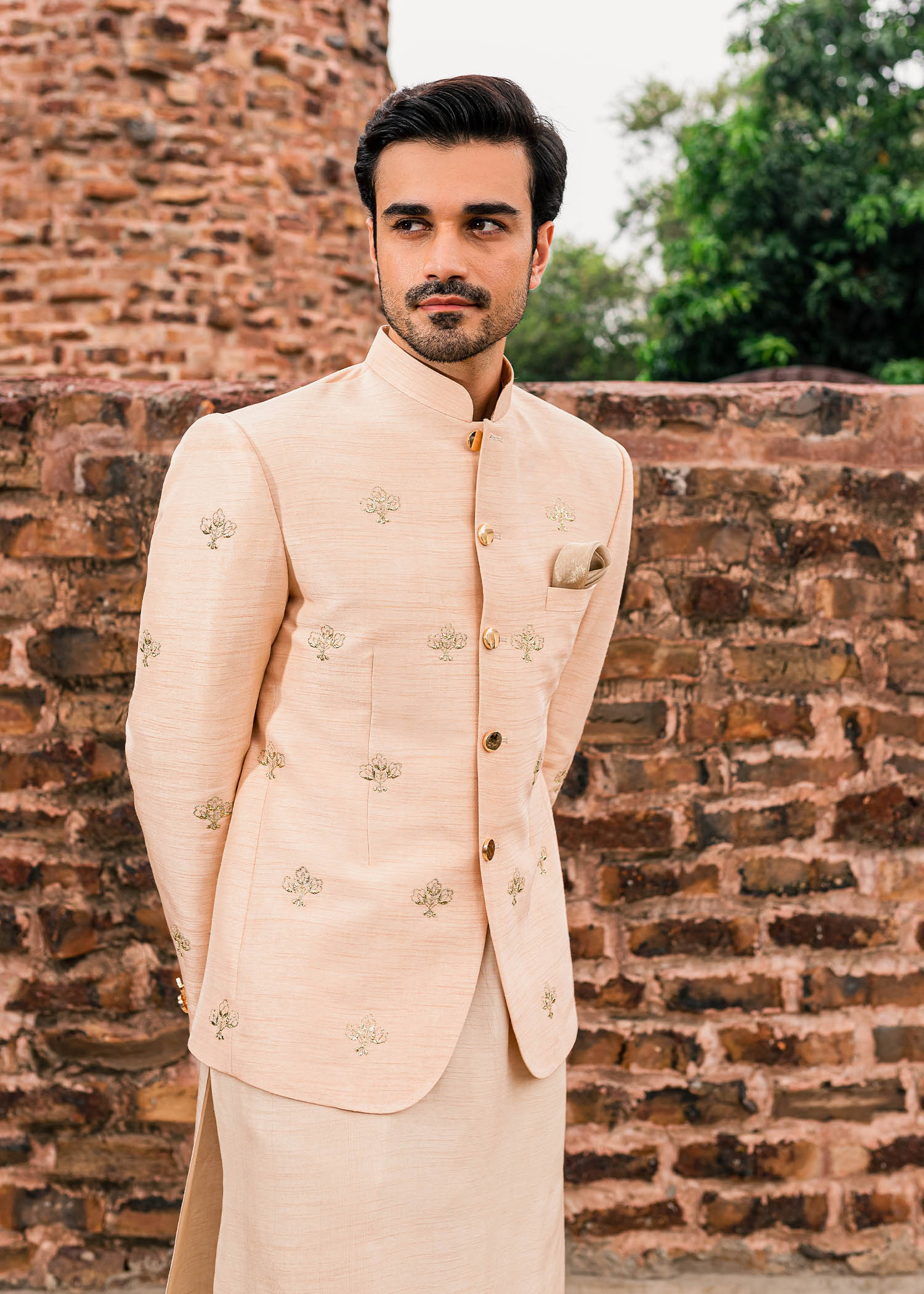 Dusty Peach Badla Work Korean Rawsilk Princecoat (3-Piece) - Image 4