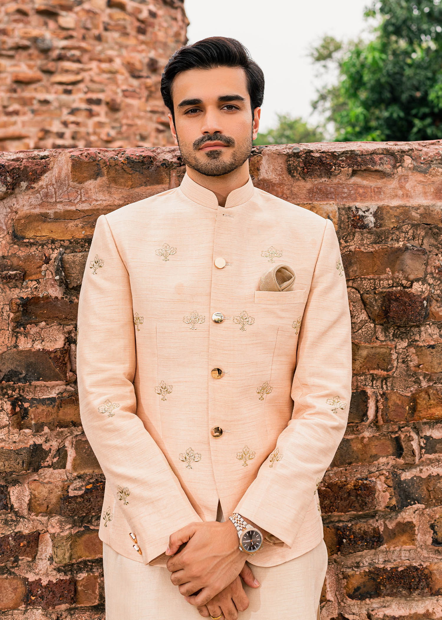 Dusty Peach Badla Work Korean Rawsilk Princecoat (3-Piece) - Image 5