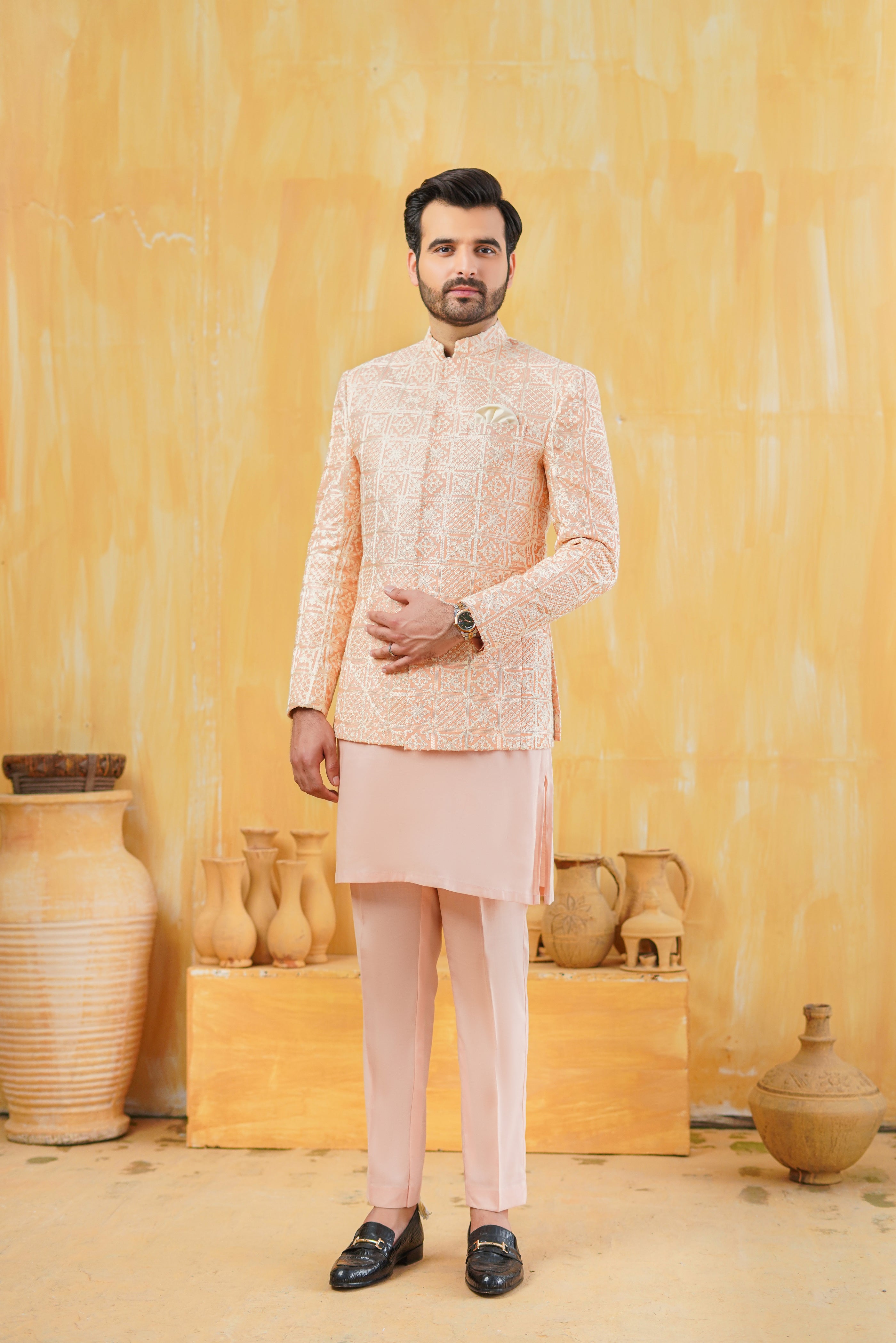 Light Peach Self-Embossed Prince Coat (3-Piece) - Image 3