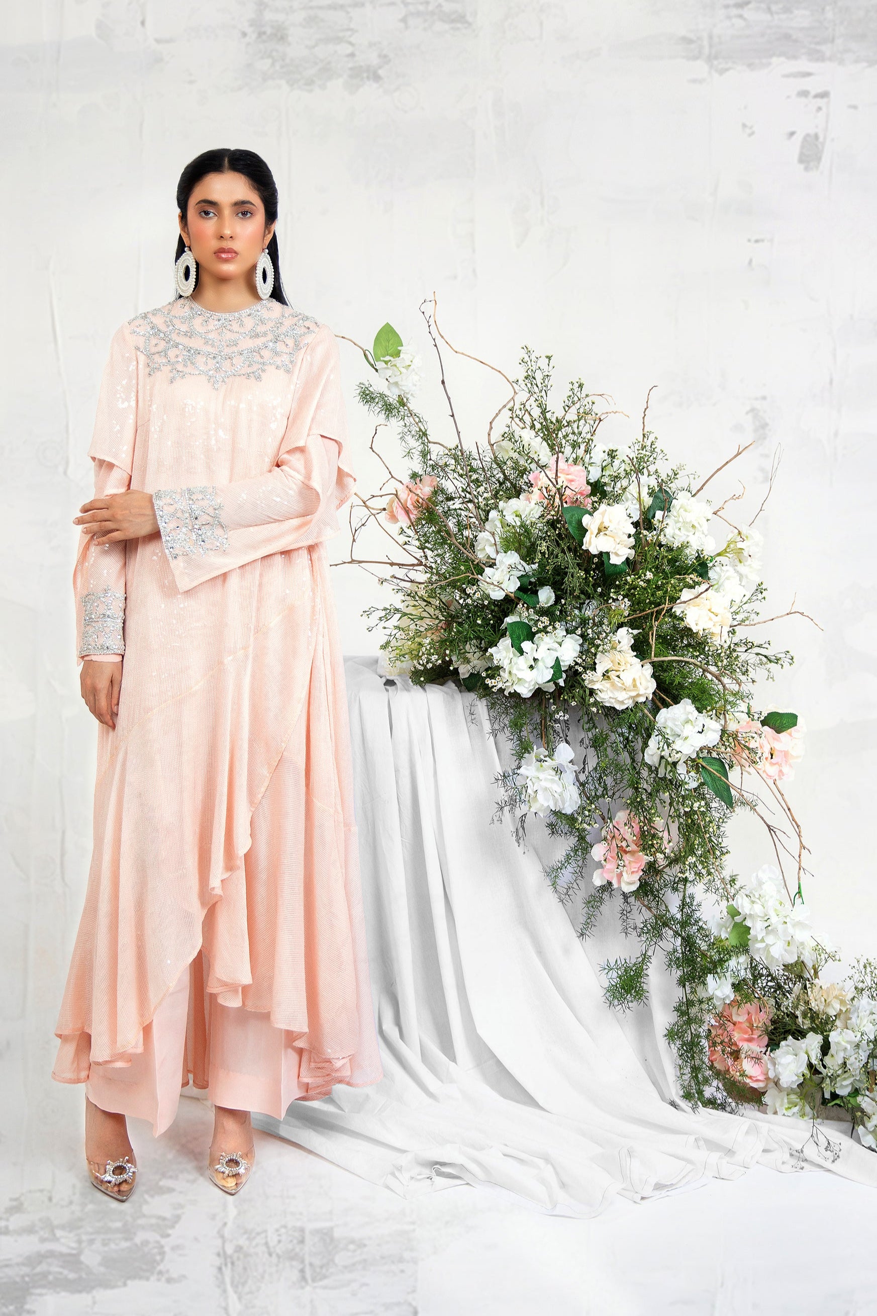 Pakistani Peach Fuzz Sequin Chiffon Asymmetric Dress (2-Piece) - Image 1