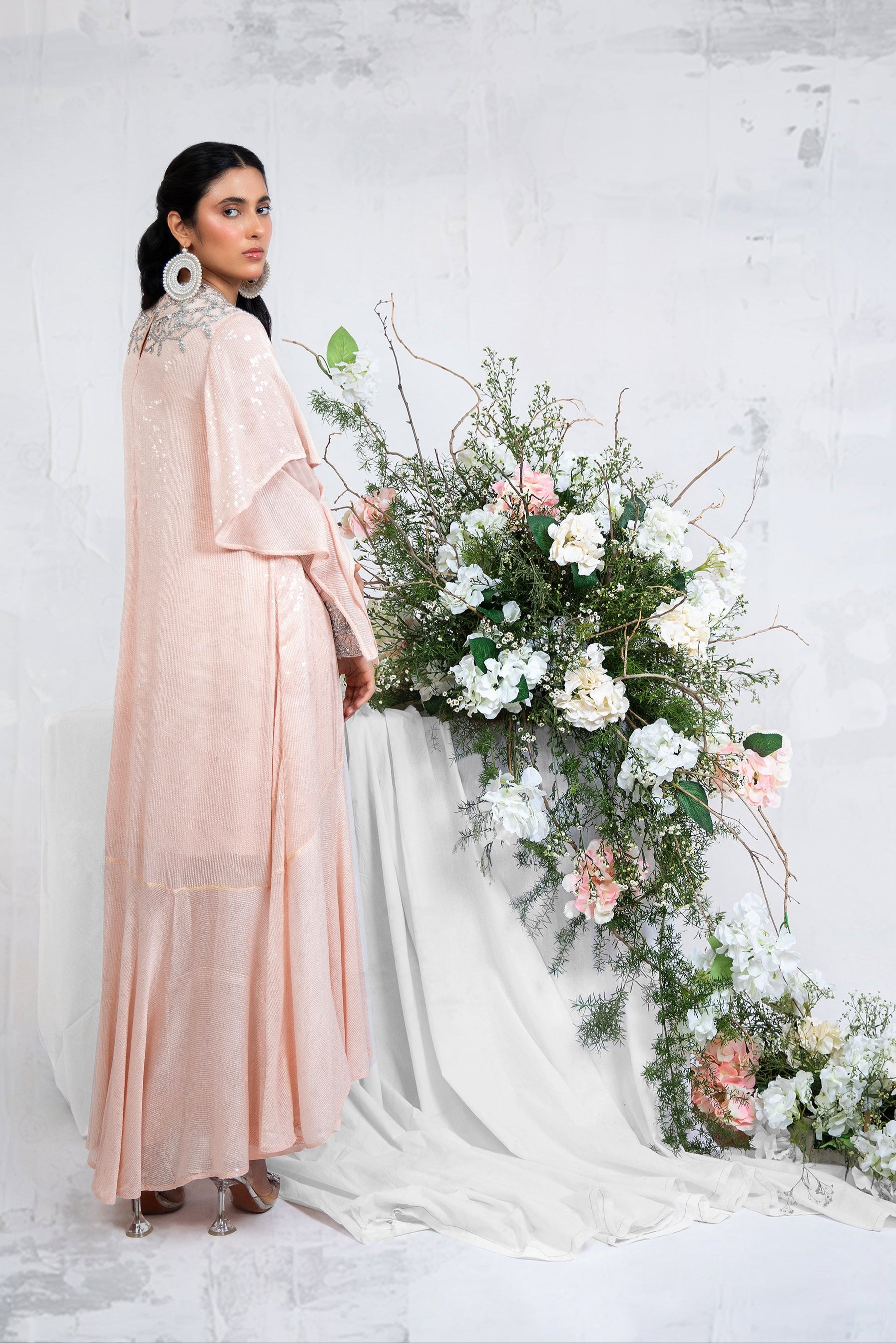 Pakistani Peach Fuzz Sequin Chiffon Asymmetric Dress (2-Piece) - Image 2