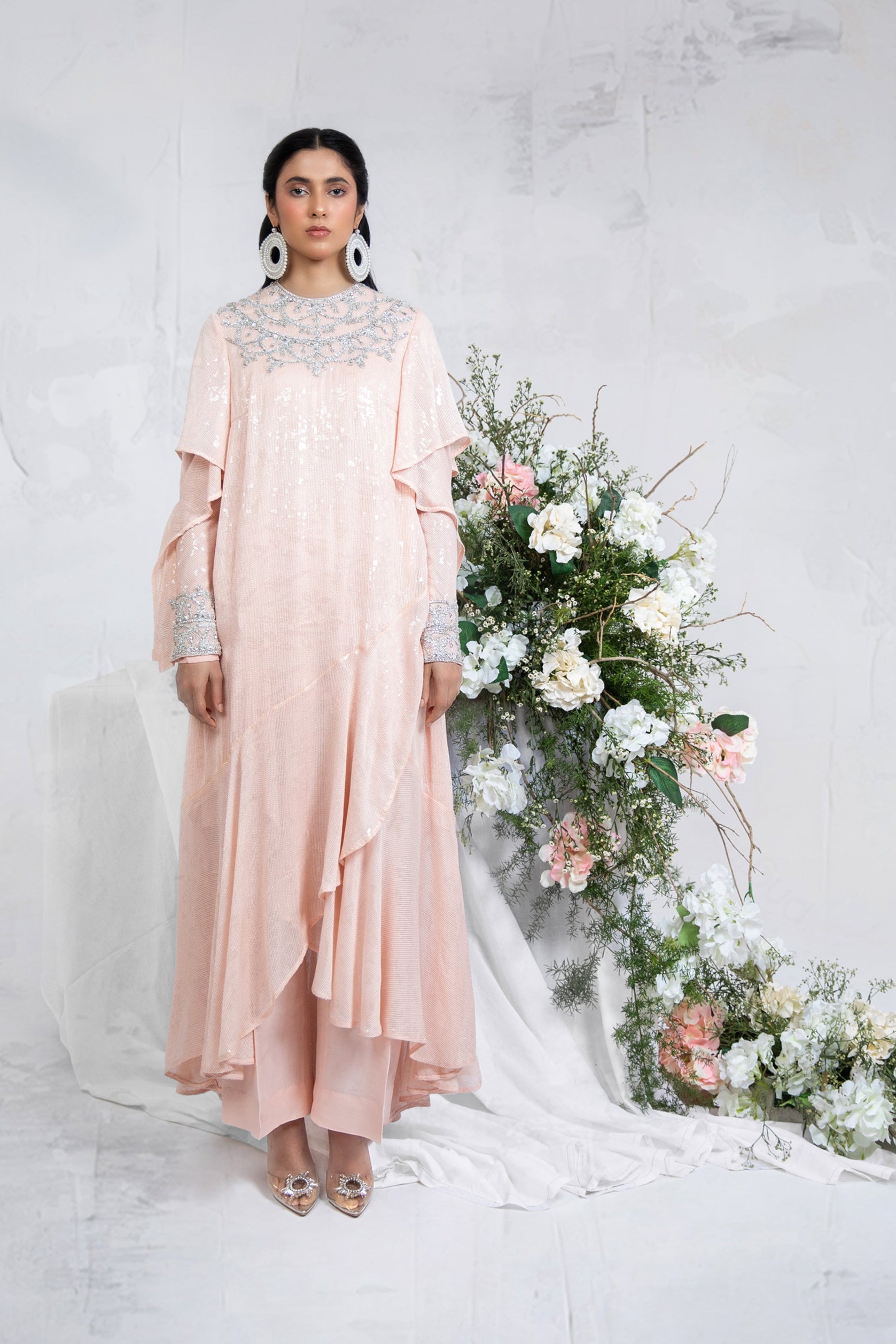 Pakistani Peach Fuzz Sequin Chiffon Asymmetric Dress (2-Piece) - Image 3