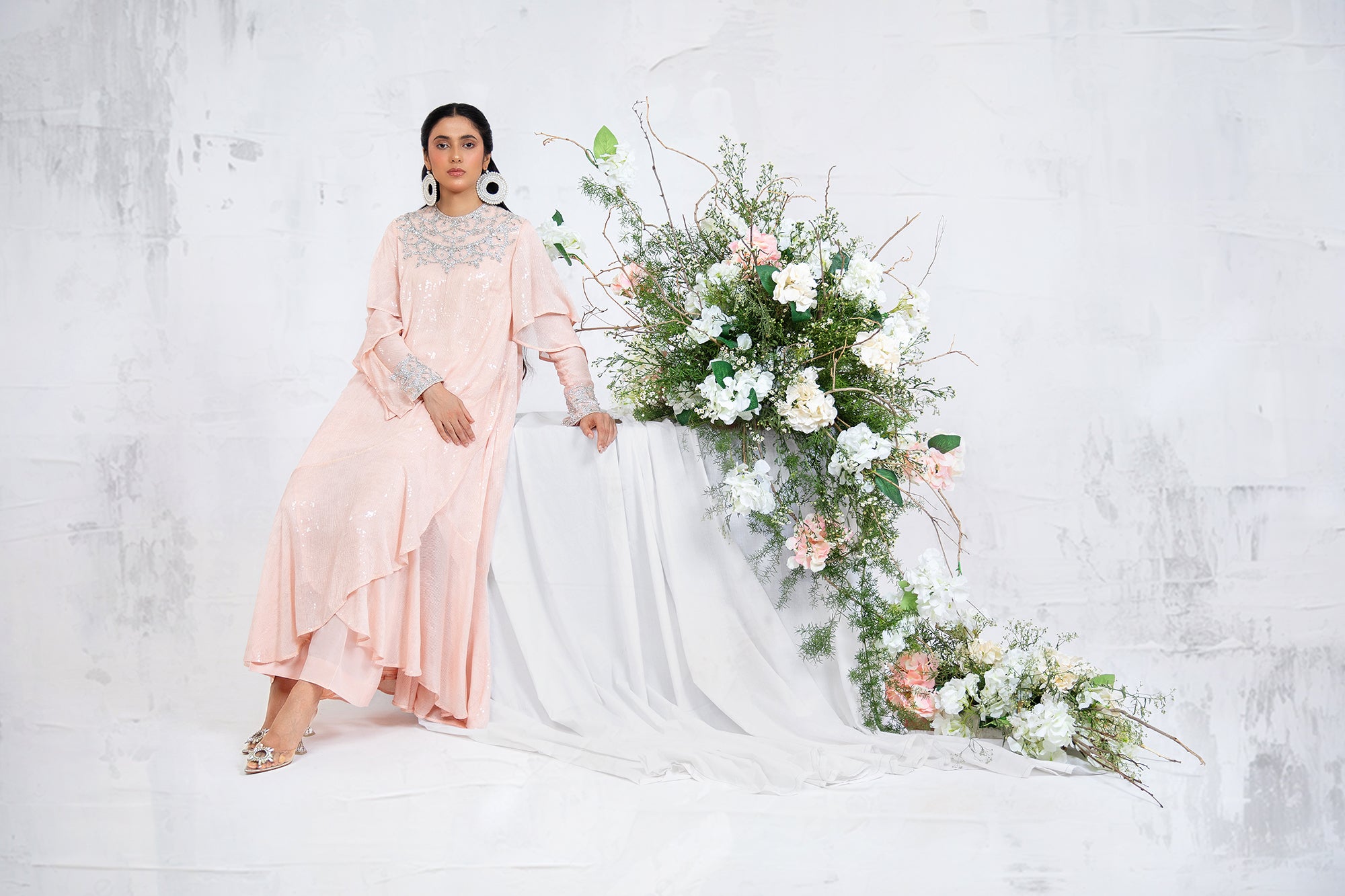 Pakistani Peach Fuzz Sequin Chiffon Asymmetric Dress (2-Piece) - Image 4