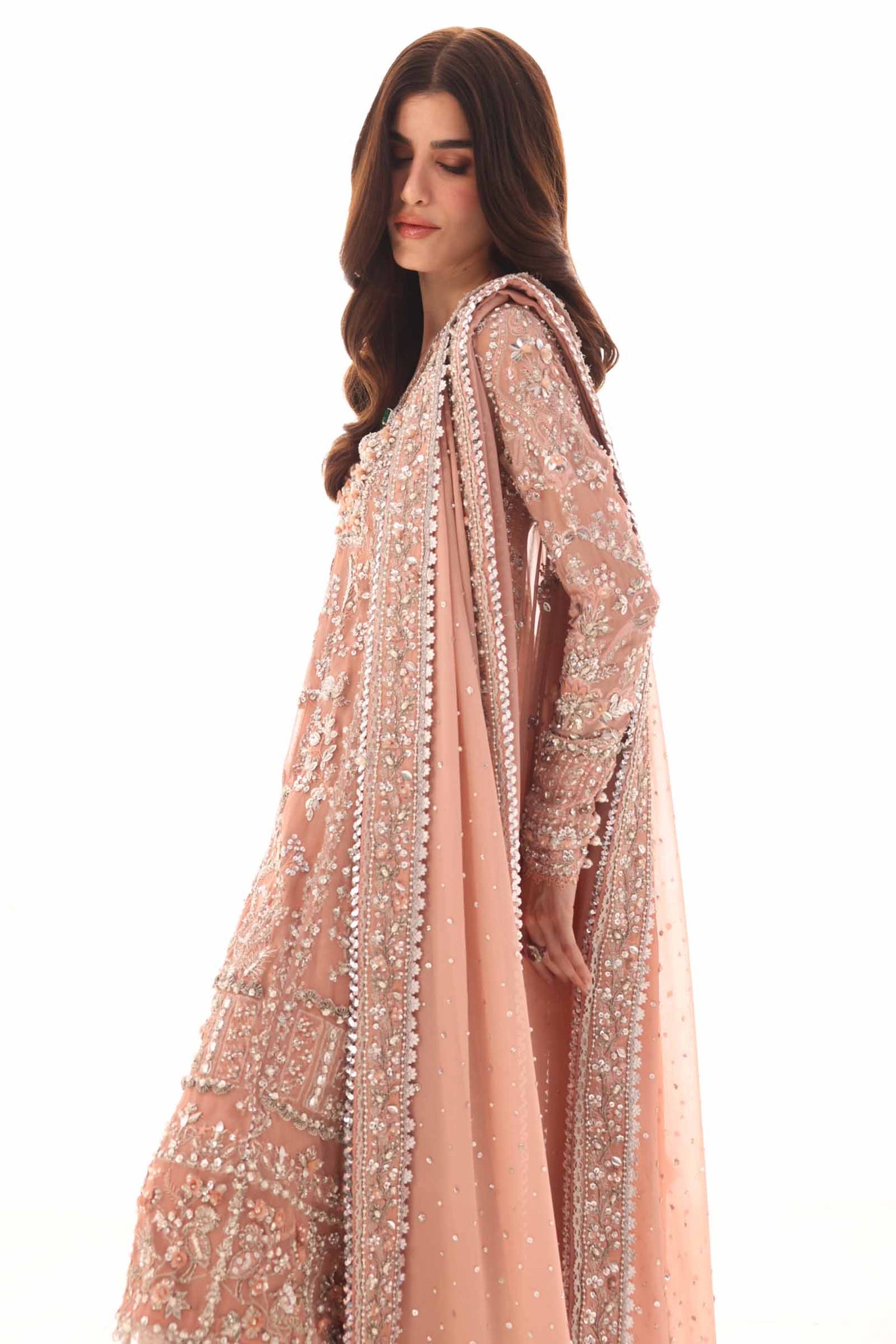 Salmon Peach Zardozi Chiffon Salwar Kameez (3-Piece) - Image 2