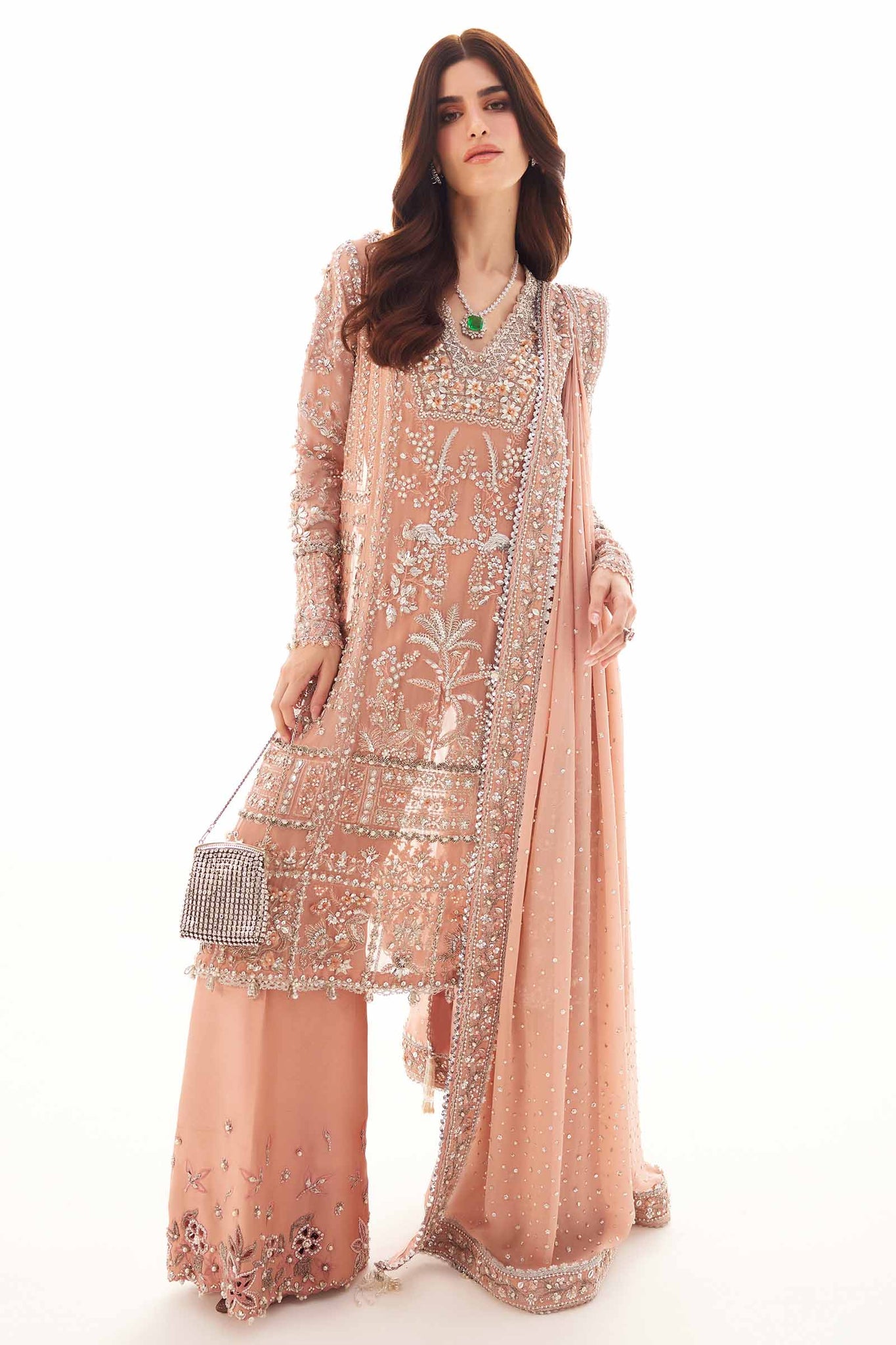 Salmon Peach Zardozi Chiffon Salwar Kameez (3-Piece) - Image 6