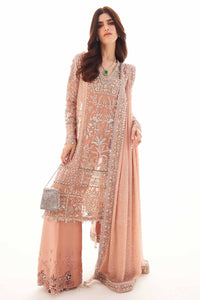 Pakistani Salmon Peach Zardozi Chiffon Salwar Kameez (3-Piece) - Image 1
