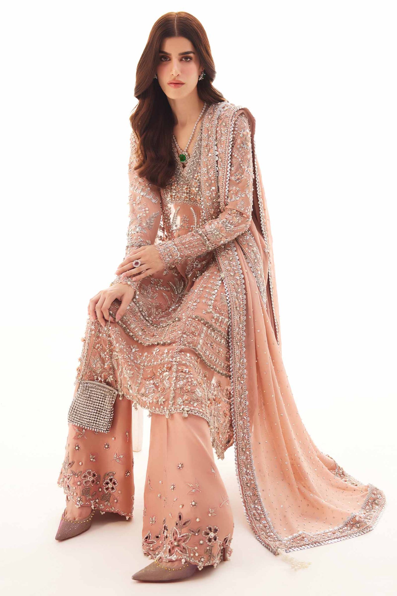 Pakistani Salmon Peach Zardozi Chiffon Salwar Kameez (3-Piece) - Image 6