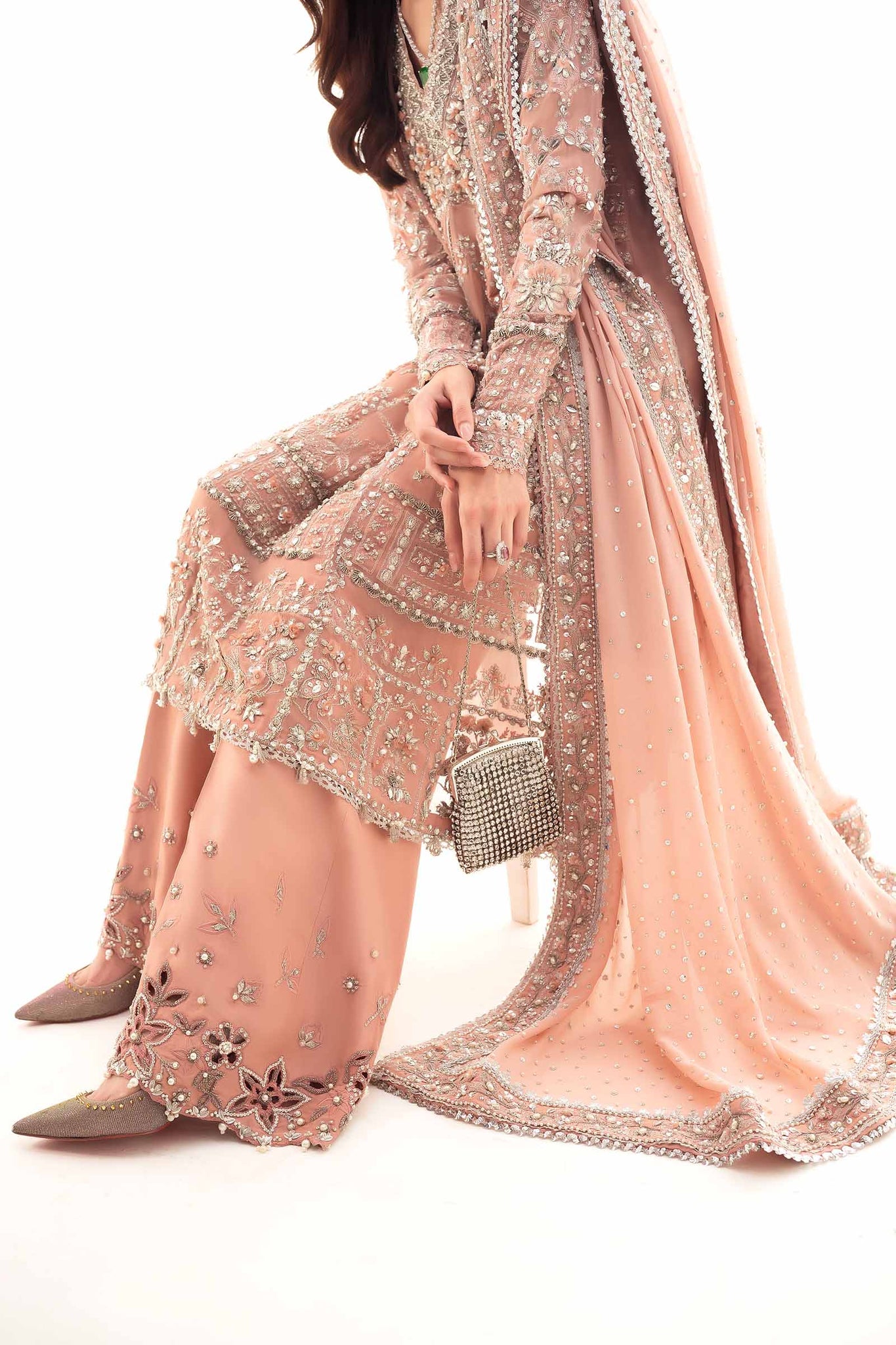 Pakistani Salmon Peach Zardozi Chiffon Salwar Kameez (3-Piece) - Image 8