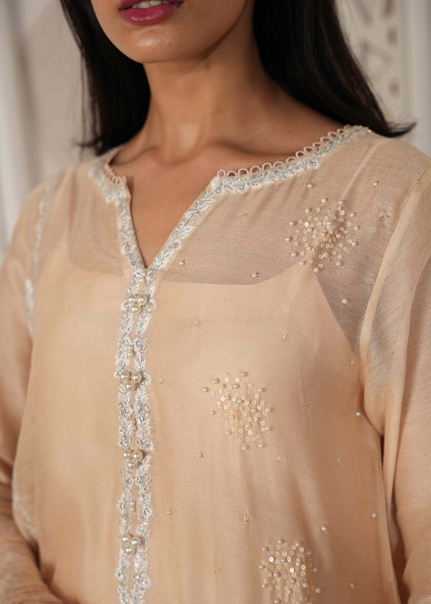 Pakistani Marble Peach Embroidered Khaddi Silk Long Shirt (3-Piece) - Image 2