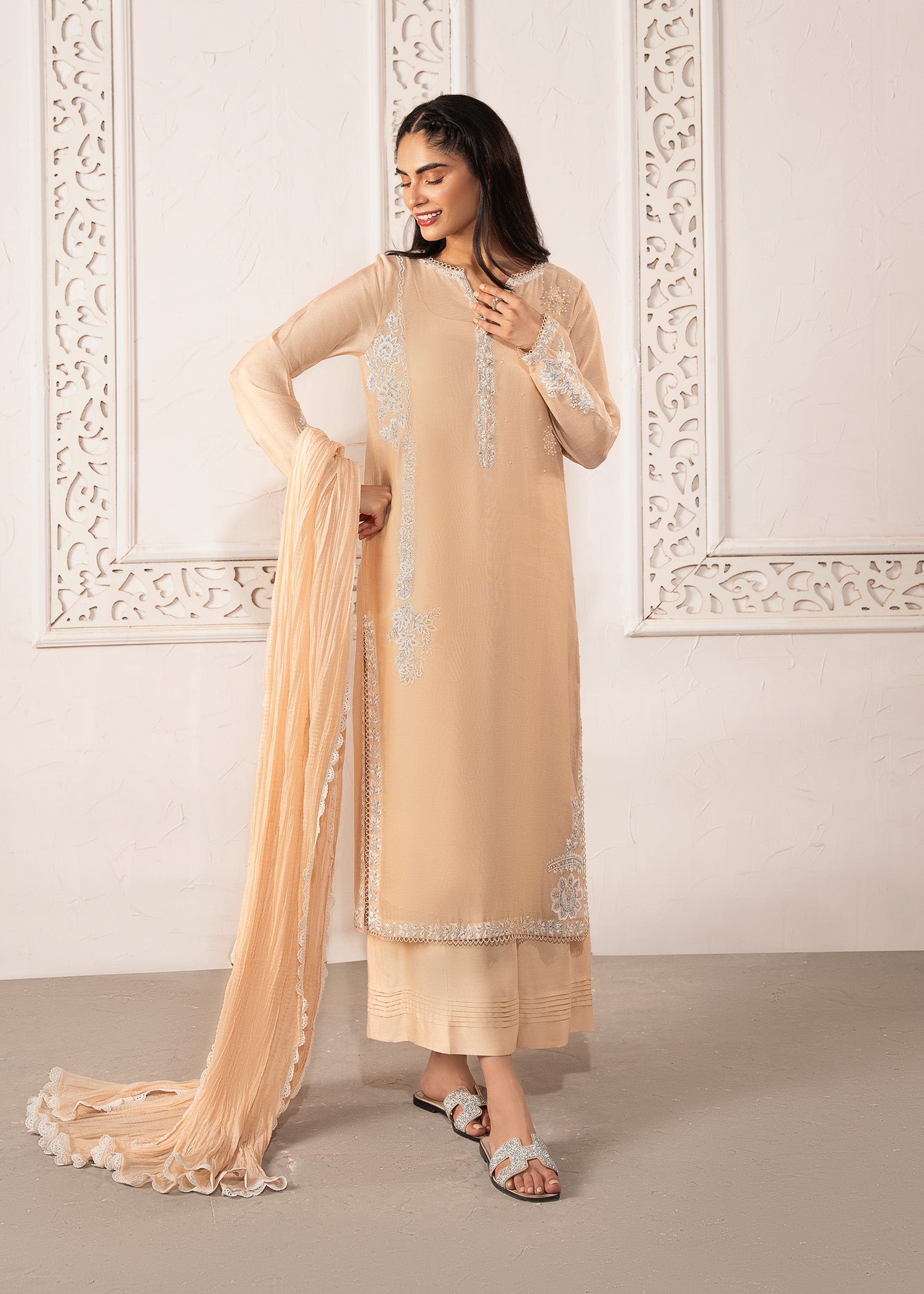 Pakistani Marble Peach Embroidered Khaddi Silk Long Shirt (3-Piece) - Image 3