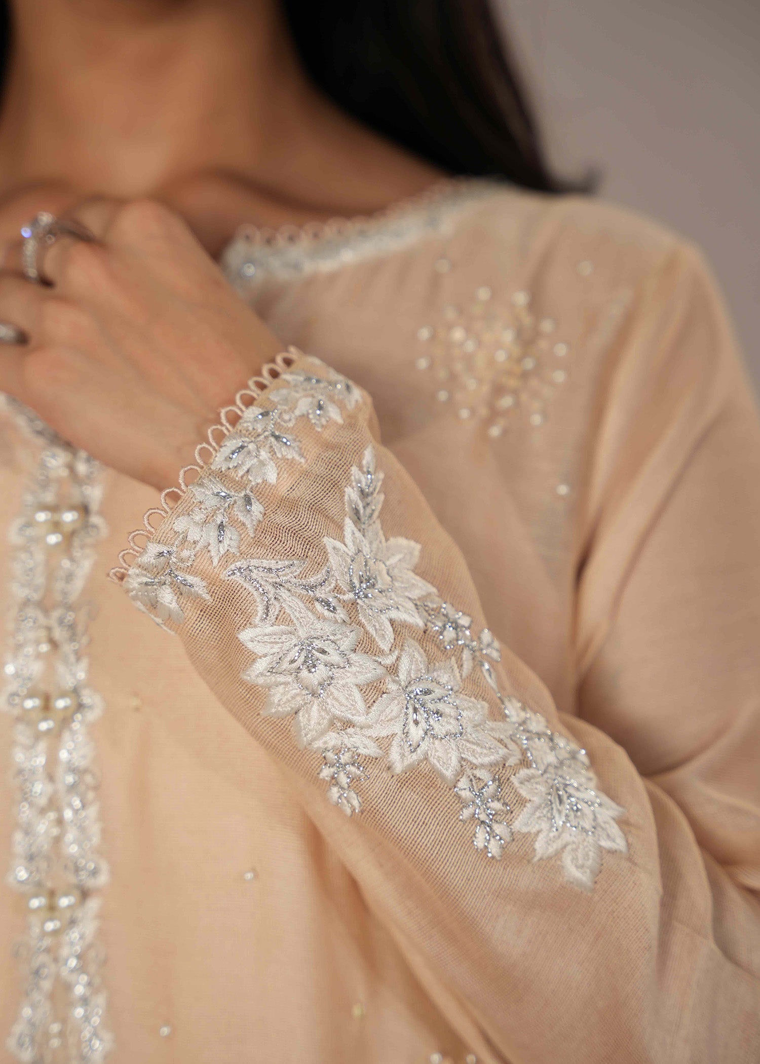 Pakistani Marble Peach Embroidered Khaddi Silk Long Shirt (3-Piece) - Image 4