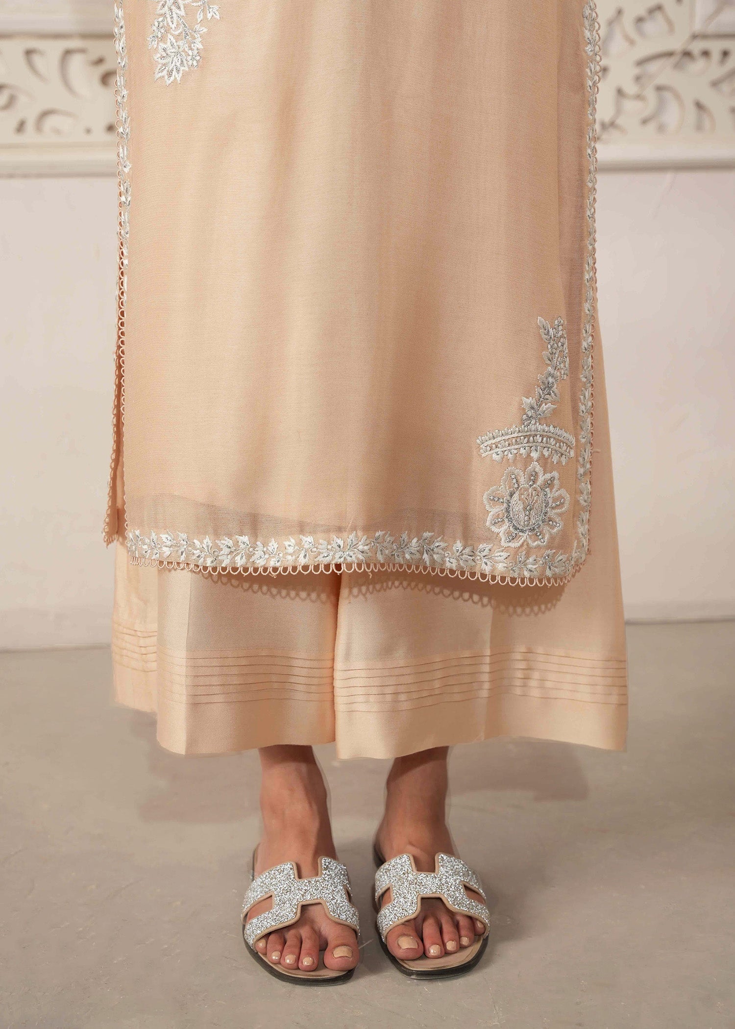 Pakistani Marble Peach Embroidered Khaddi Silk Long Shirt (3-Piece) - Image 5