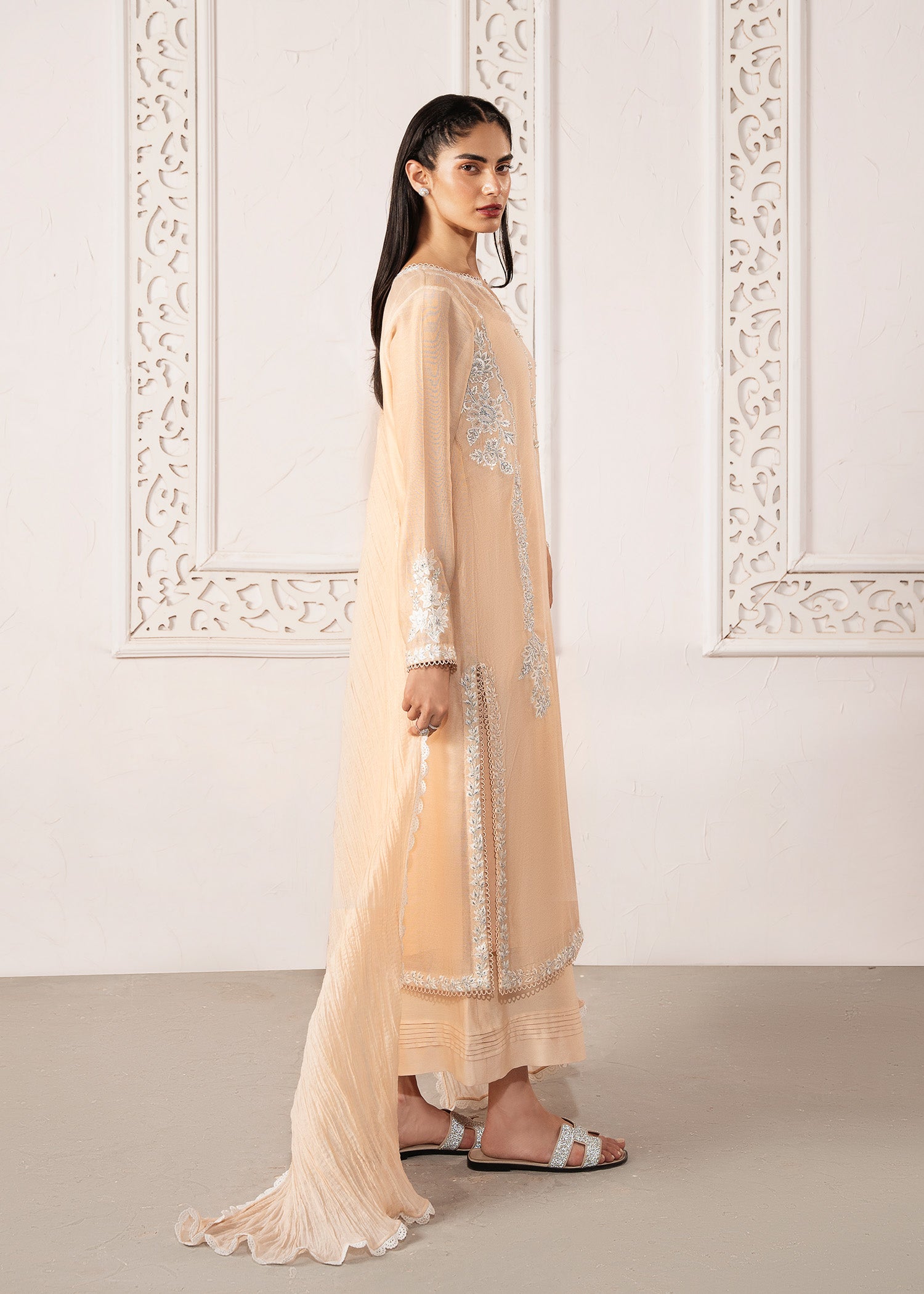Pakistani Marble Peach Embroidered Khaddi Silk Long Shirt (3-Piece) - Image 6