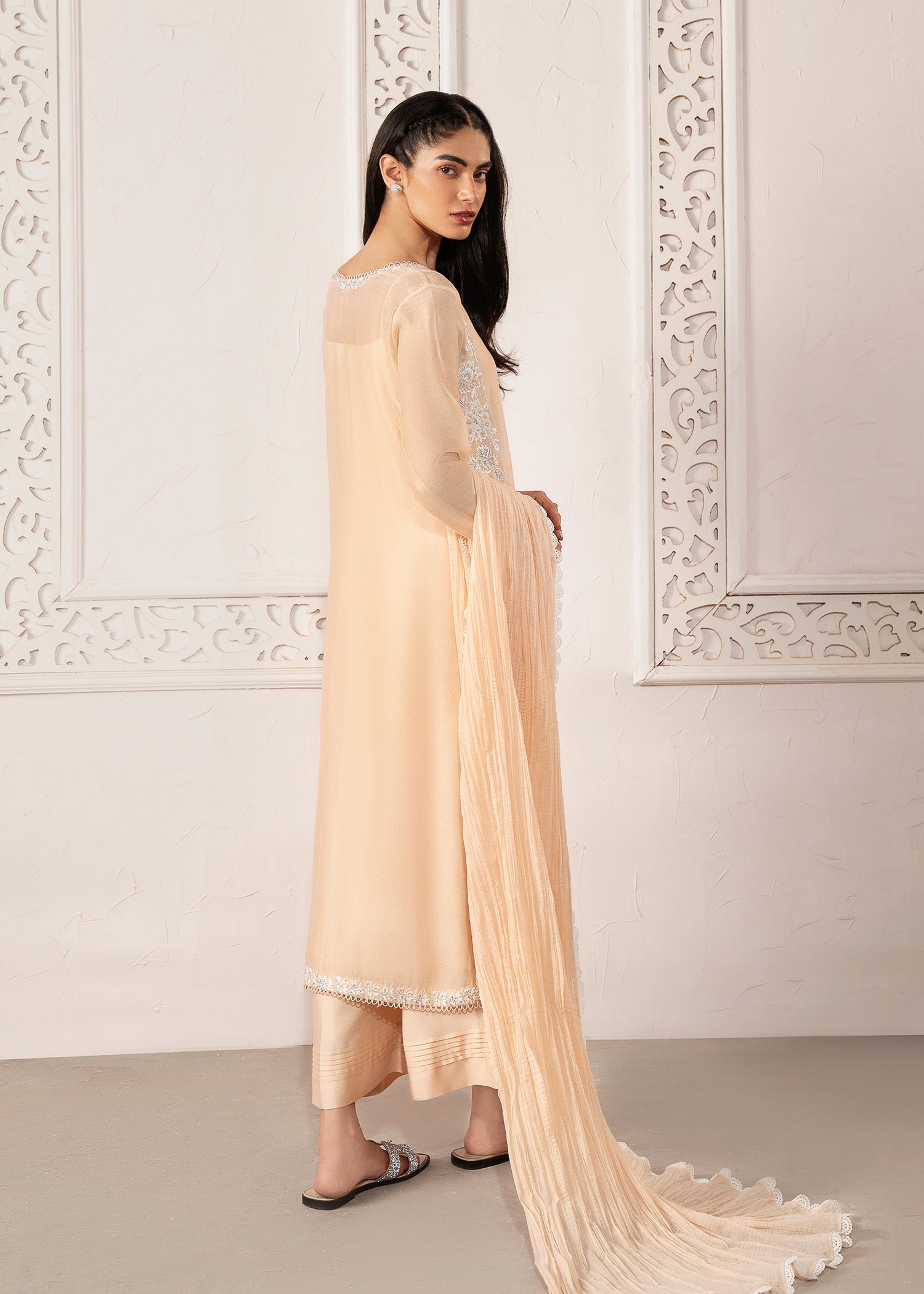 Pakistani Marble Peach Embroidered Khaddi Silk Long Shirt (3-Piece) - Image 8