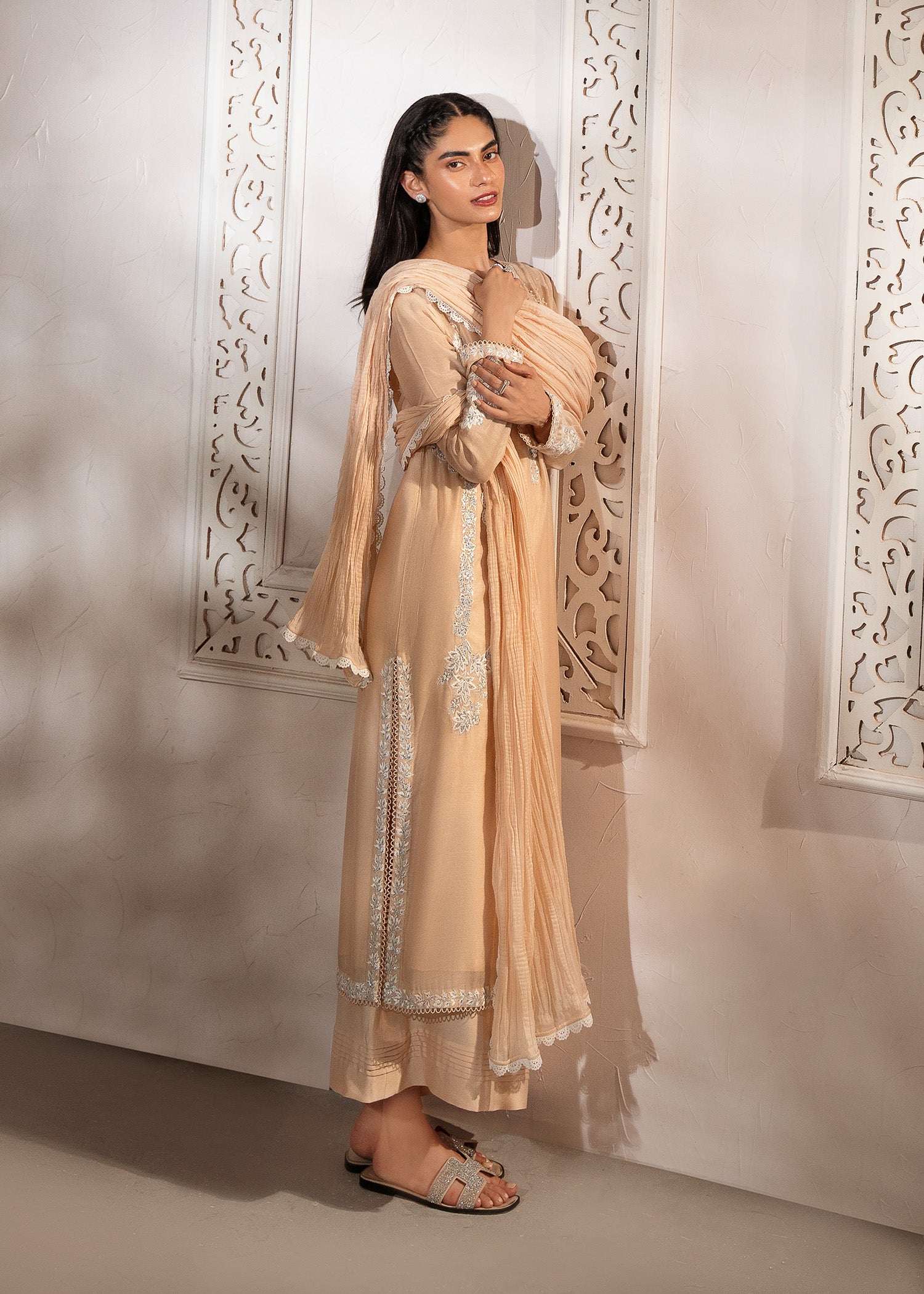Pakistani Marble Peach Embroidered Khaddi Silk Long Shirt (3-Piece) - Image 9