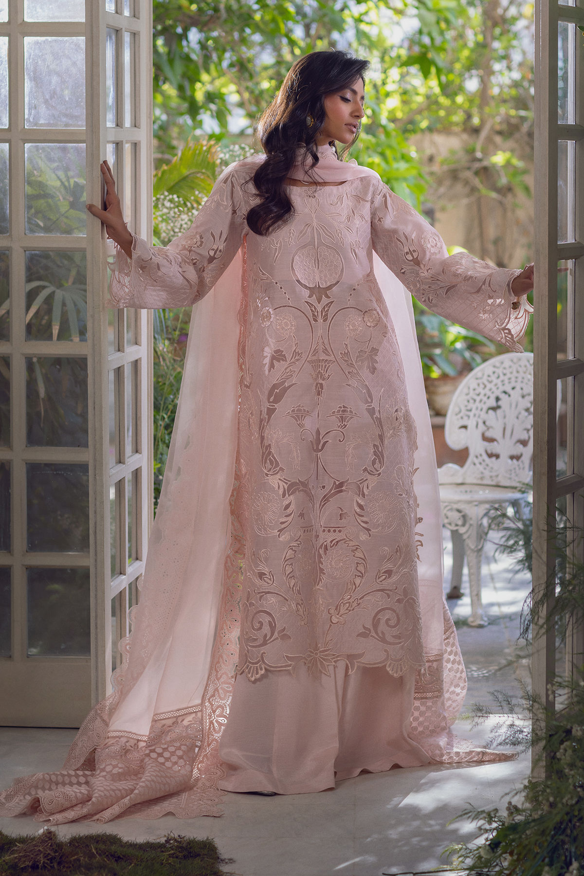 Pakistani Sandy Peach Reverse Appliqué Kora Cotton Salwar Kameez (3-Piece) - Image 1