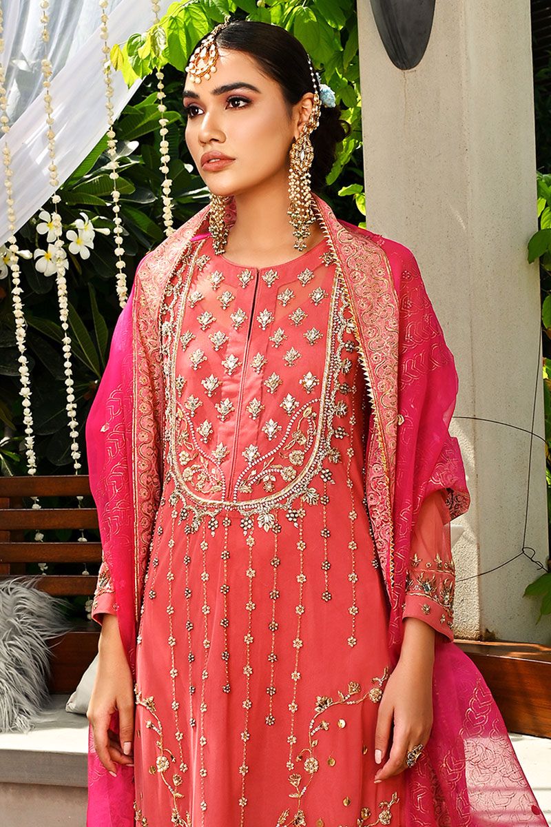 Pakistani Coral Peach Embellished Net Salwar Kameez (3-Piece) - Image 2