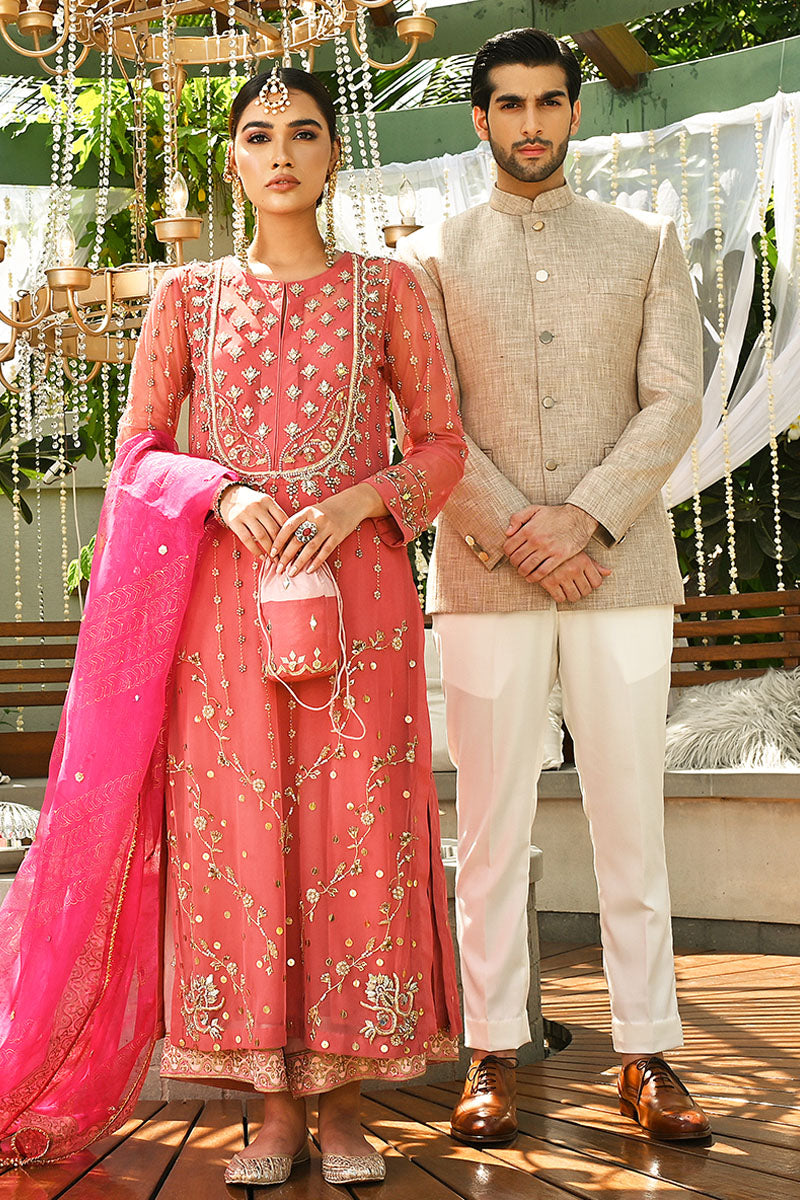 Pakistani Coral Peach Embellished Net Salwar Kameez (3-Piece) - Image 3