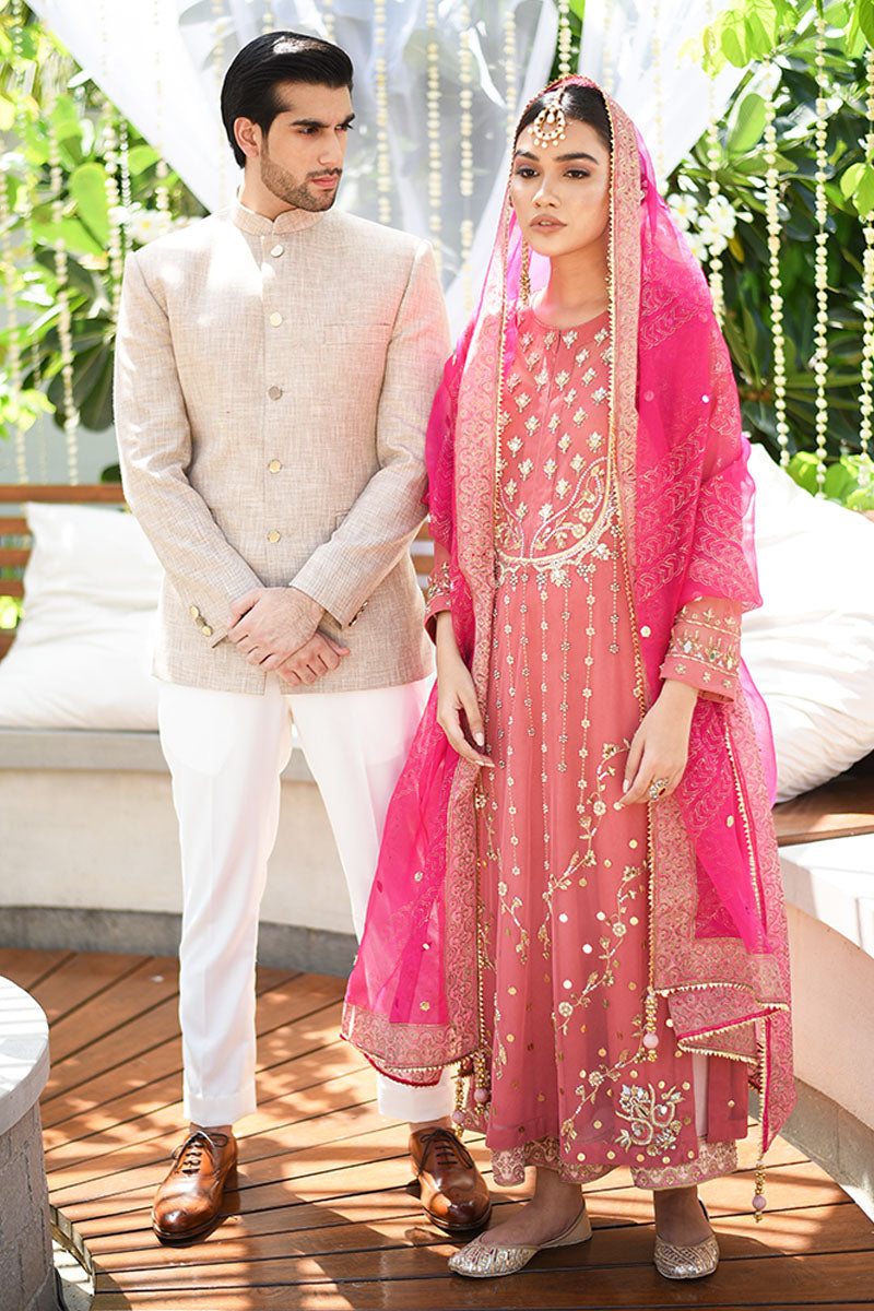 Pakistani Coral Peach Embellished Net Salwar Kameez (3-Piece) - Image 7