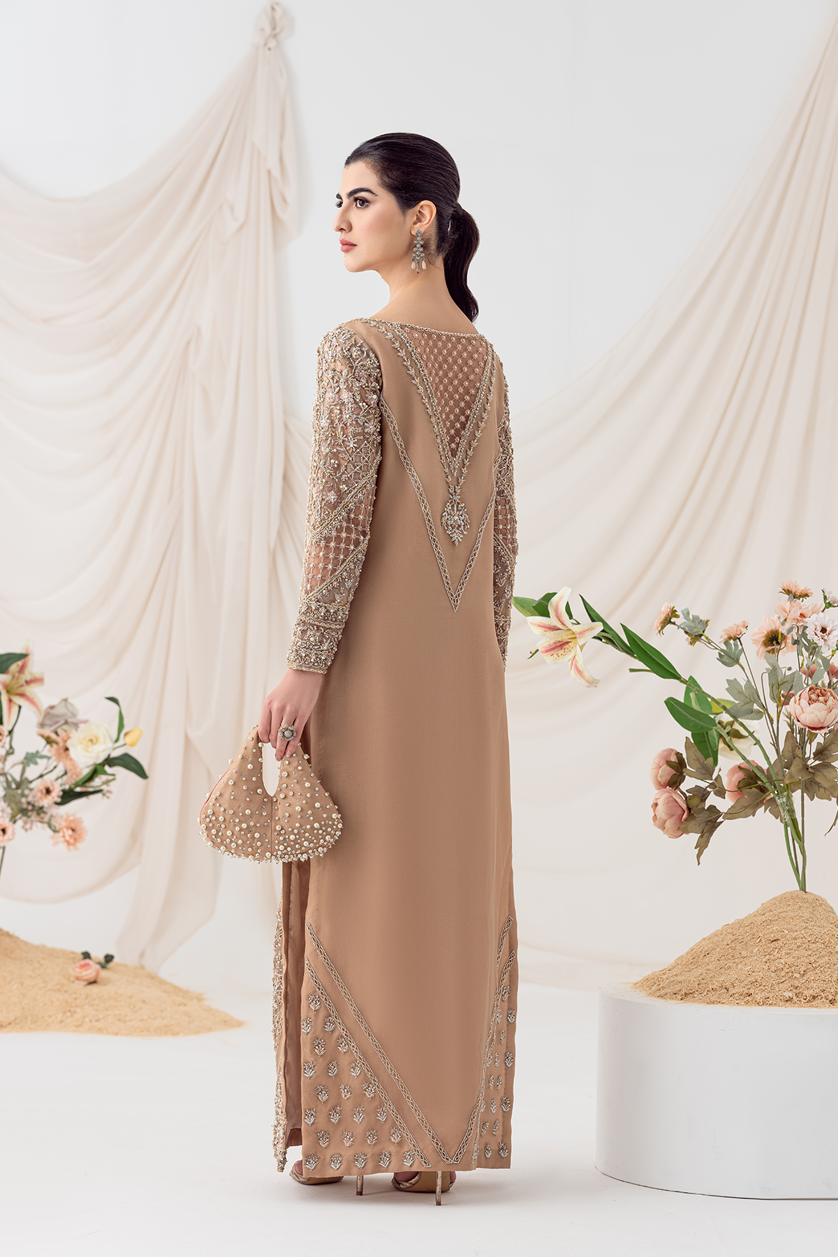 Pakistani Nude Peach Embellished Organza Salwar Kameez (2-Piece) - Image 2