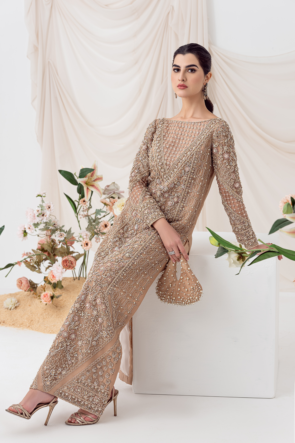 Pakistani Nude Peach Embellished Organza Salwar Kameez (2-Piece) - Image 4