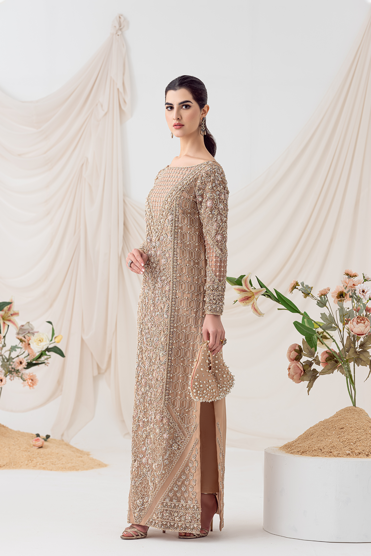 Pakistani Nude Peach Hand-Embellished Organza Salwar Kameez (2-Piece) - Image 3