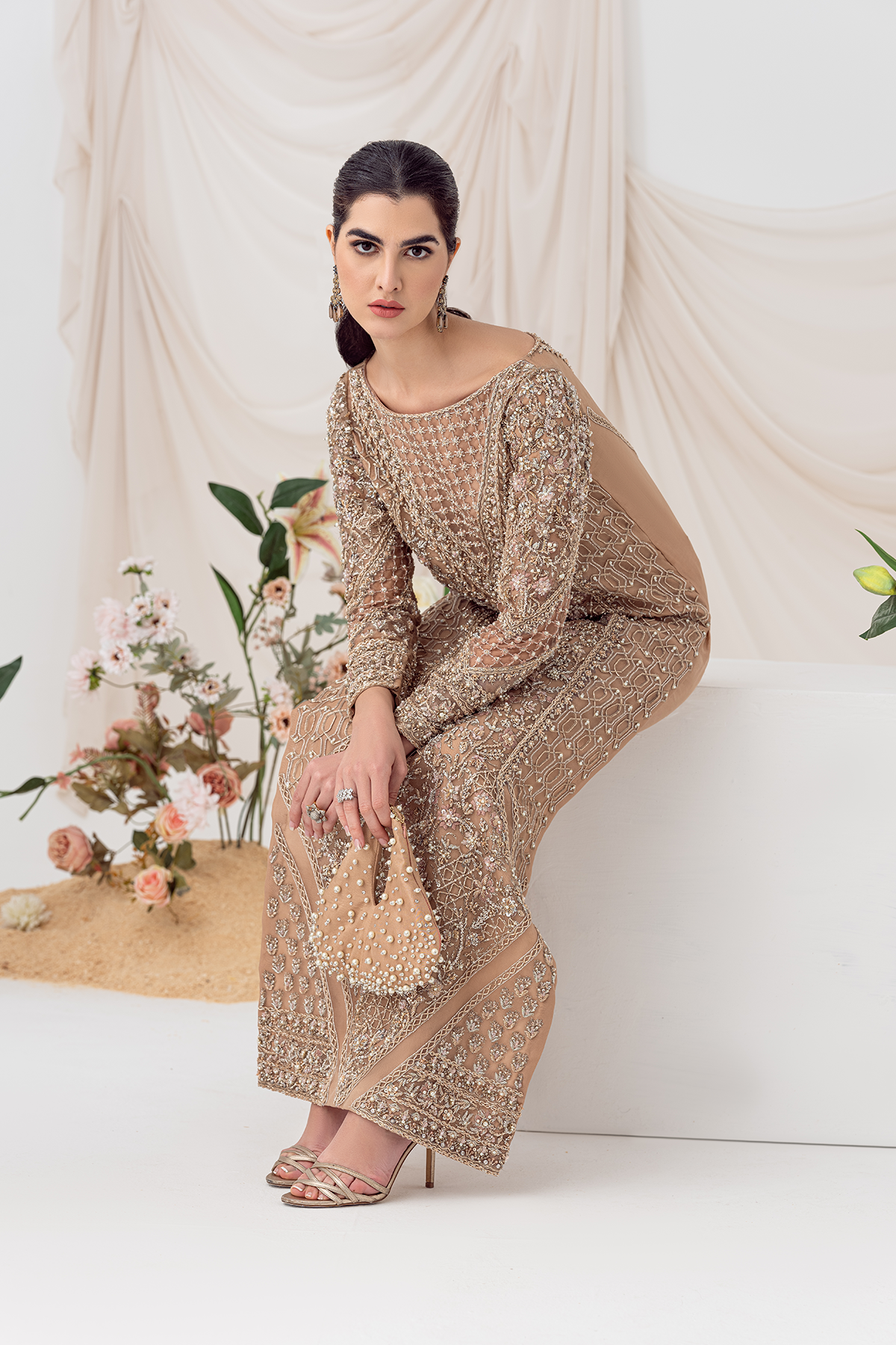 Pakistani Nude Peach Hand-Embellished Organza Salwar Kameez (2-Piece) - Image 5