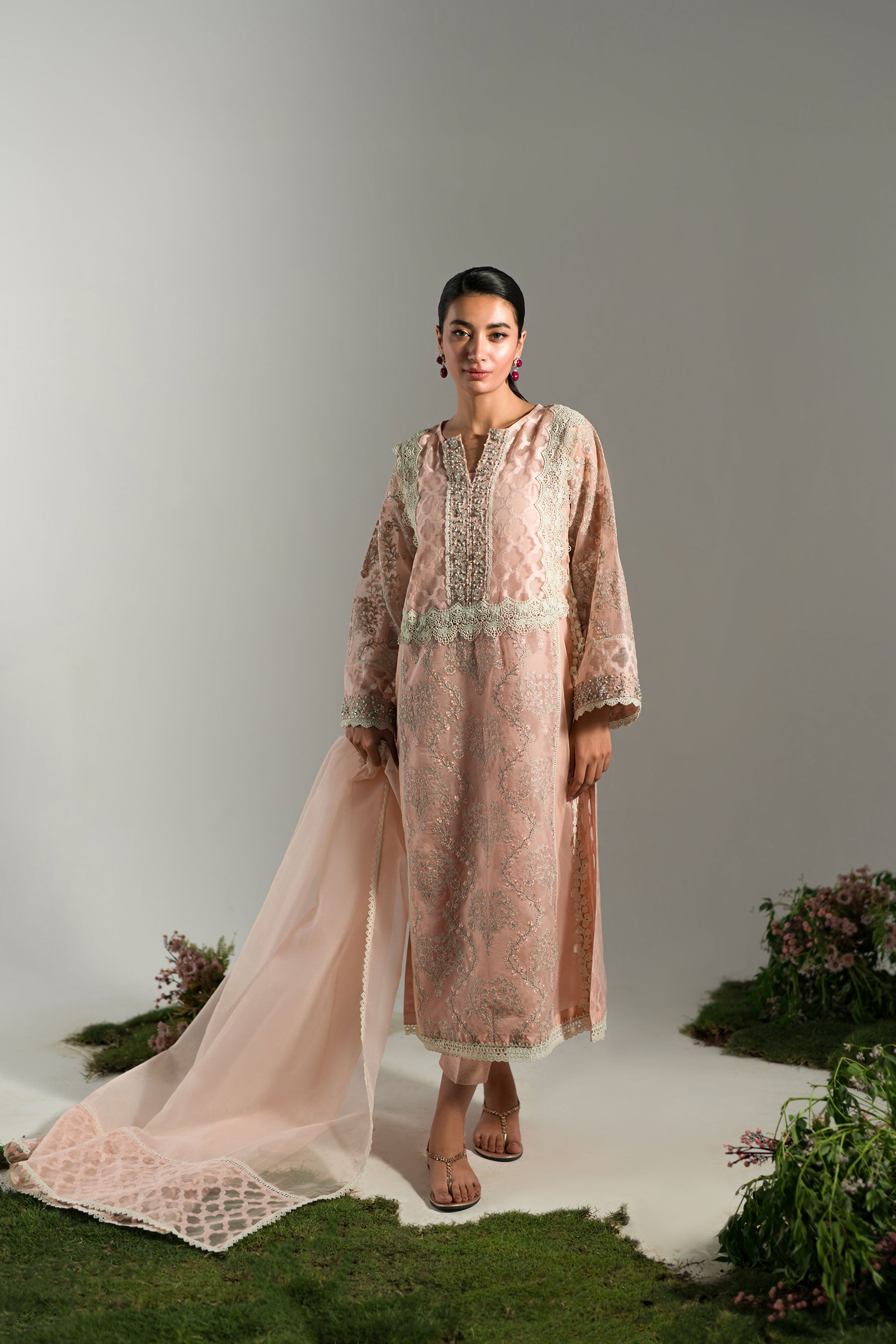 Pastel Peach Embellished Organza Kurta Set (4-Piece) - Image 1