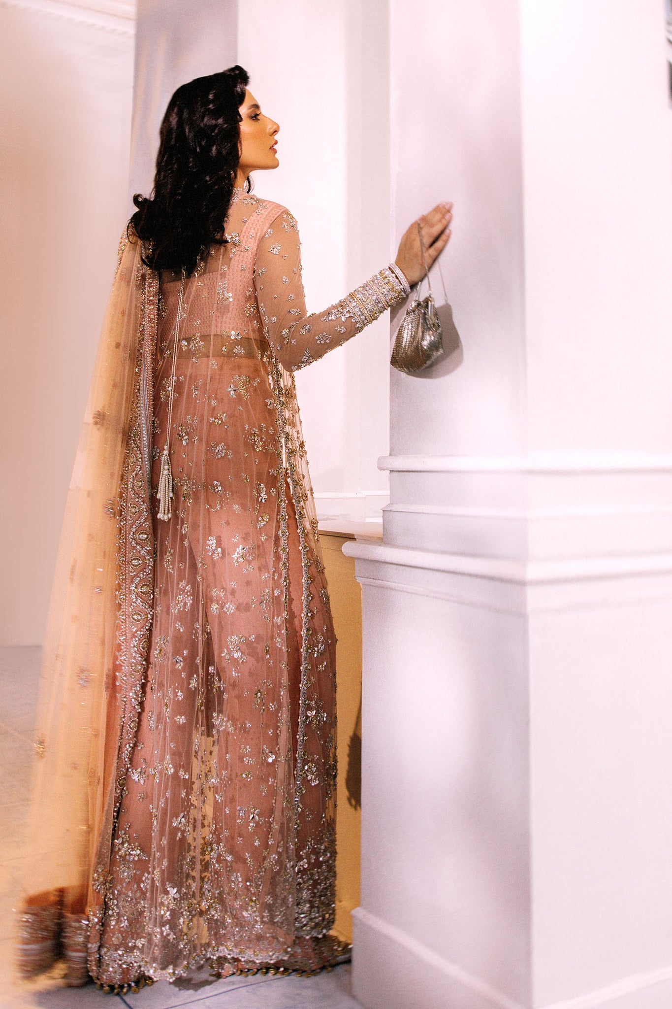 Salmon Peach Embroidered Net & Silk Salwar Kameez (3-Piece) - Image 3