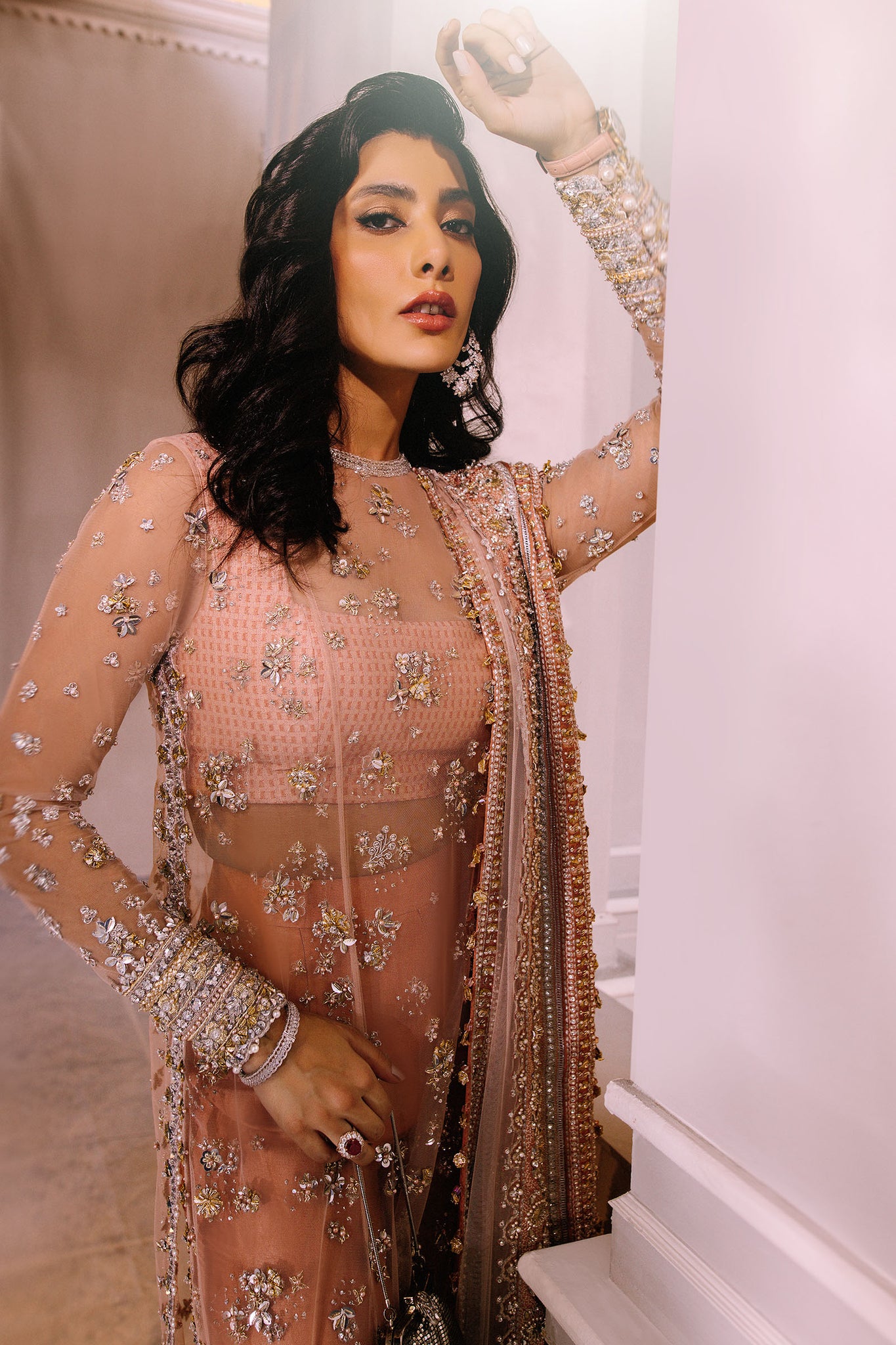 Salmon Peach Embroidered Net & Silk Salwar Kameez (3-Piece) - Image 4