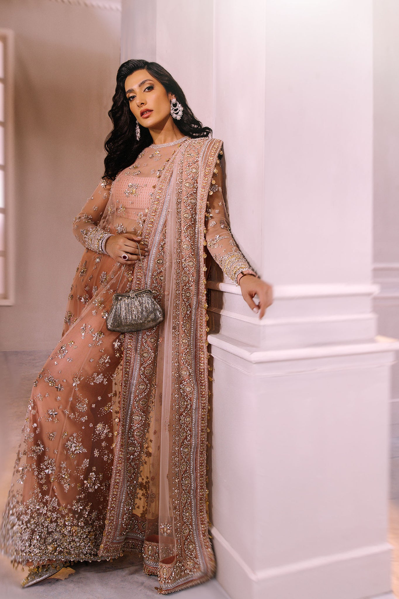 Salmon Peach Embroidered Net & Silk Salwar Kameez (3-Piece) - Image 5