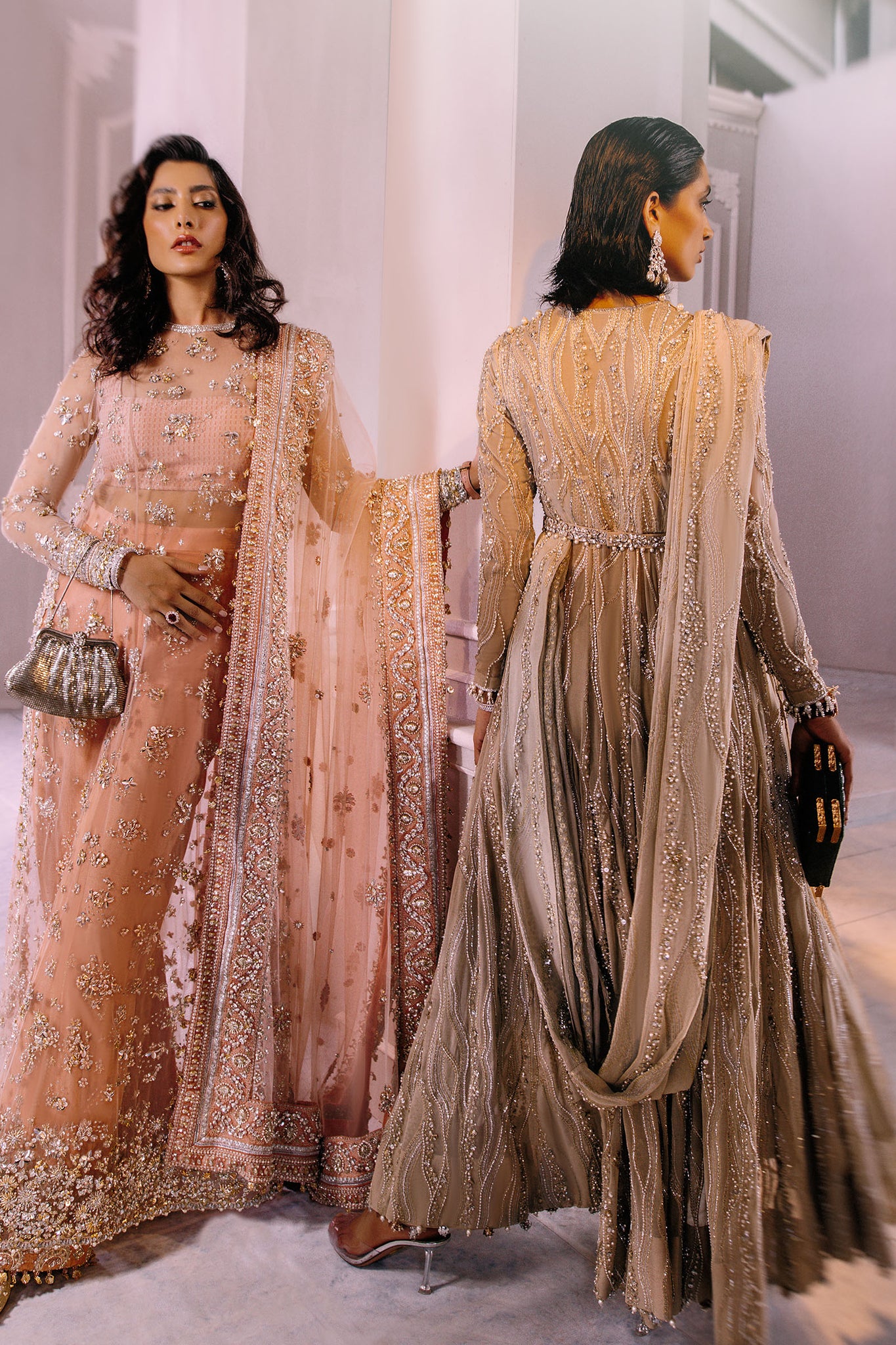 Salmon Peach Embroidered Net & Silk Salwar Kameez (3-Piece) - Image 6