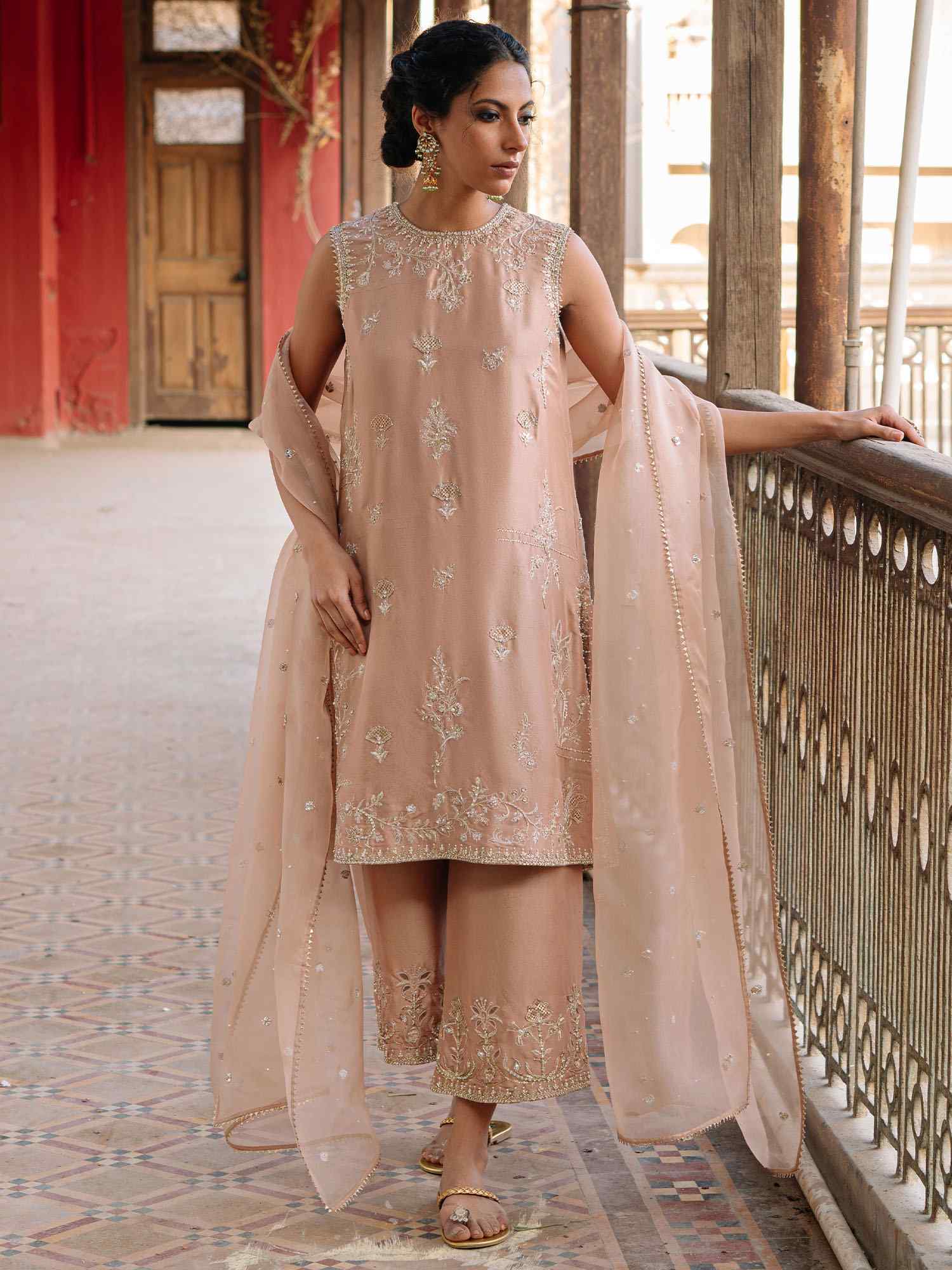 Pakistani Peach Dust Hand-Embroidered Raw Silk Salwar Kameez (3-Piece) - Image 1