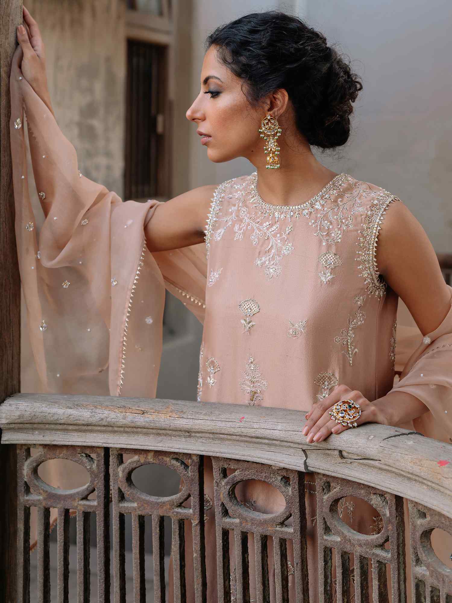 Pakistani Peach Dust Hand-Embroidered Raw Silk Salwar Kameez (3-Piece) - Image 2