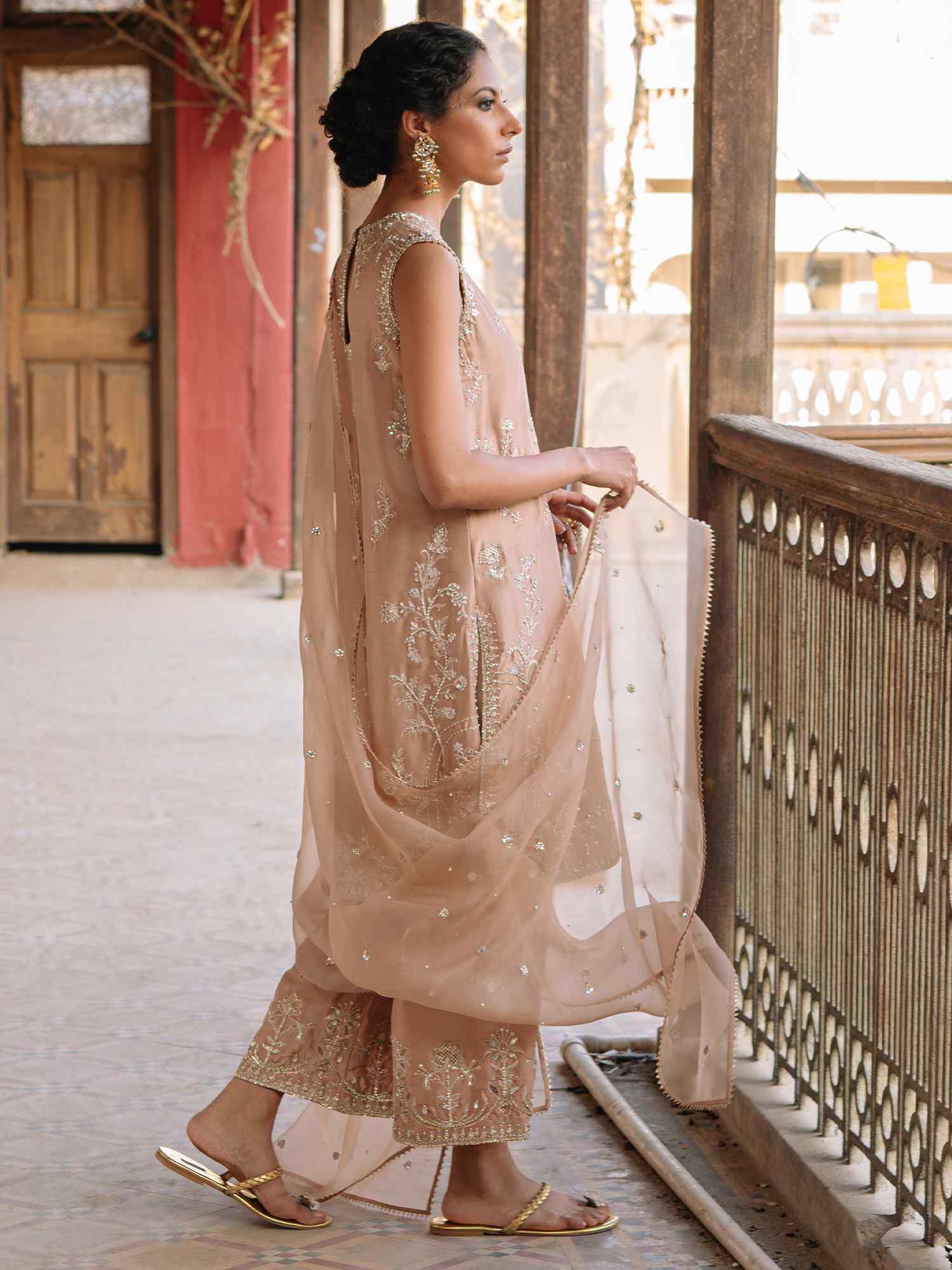 Pakistani Peach Dust Hand-Embroidered Raw Silk Salwar Kameez (3-Piece) - Image 3