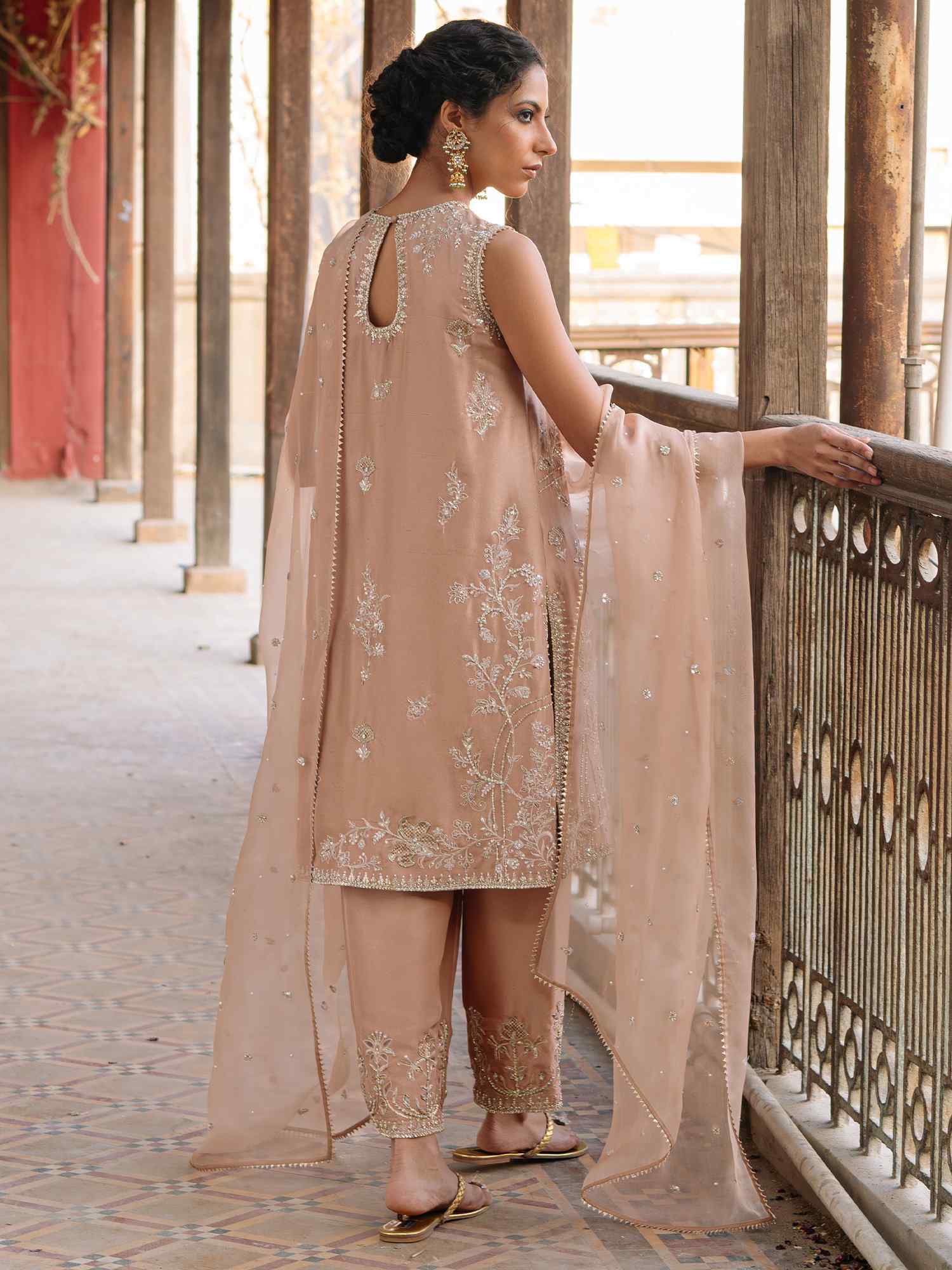 Pakistani Peach Dust Hand-Embroidered Raw Silk Salwar Kameez (3-Piece) - Image 4