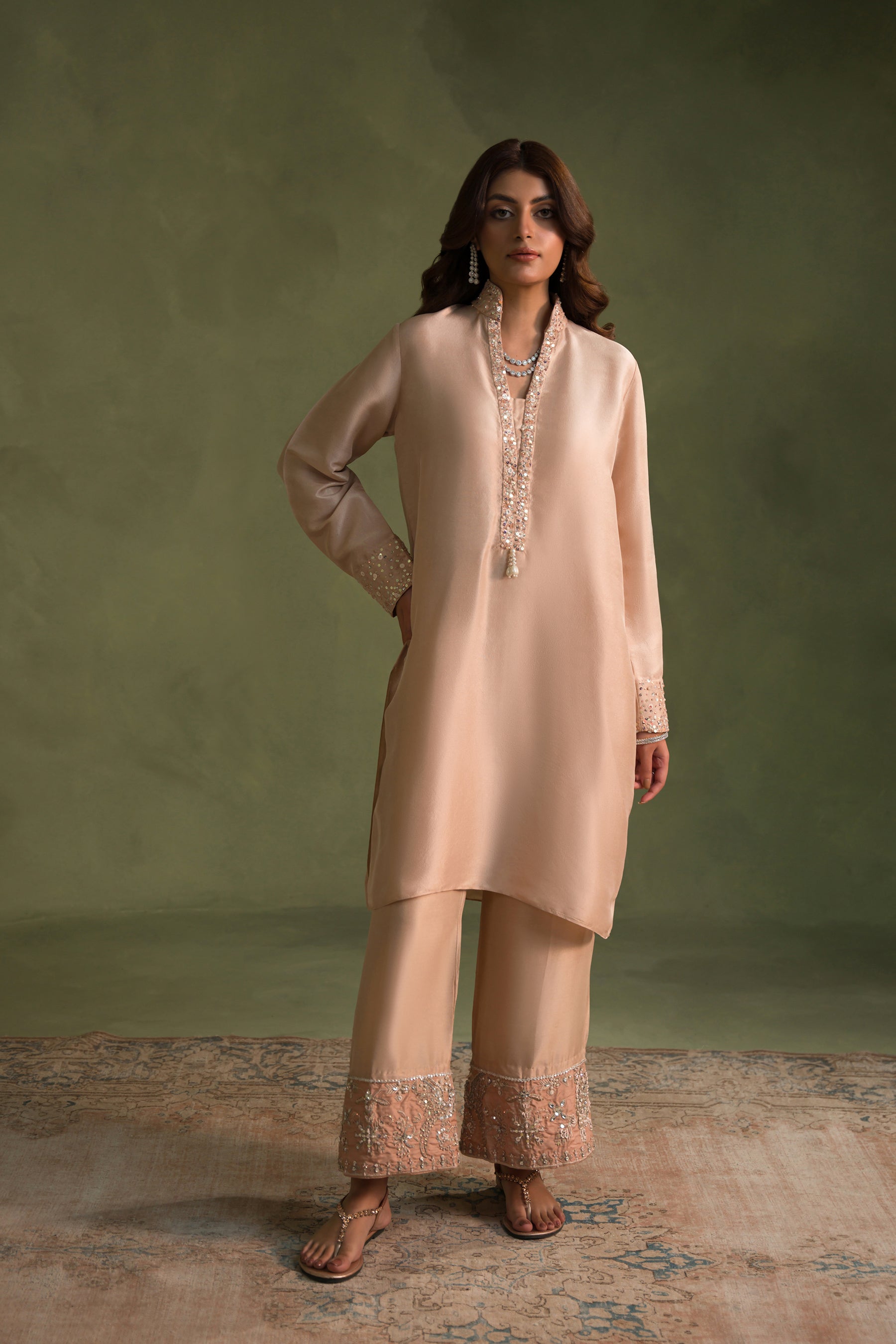 Peachy Nude Embellished Silk Salwar Kameez (3-Piece) - Image 1