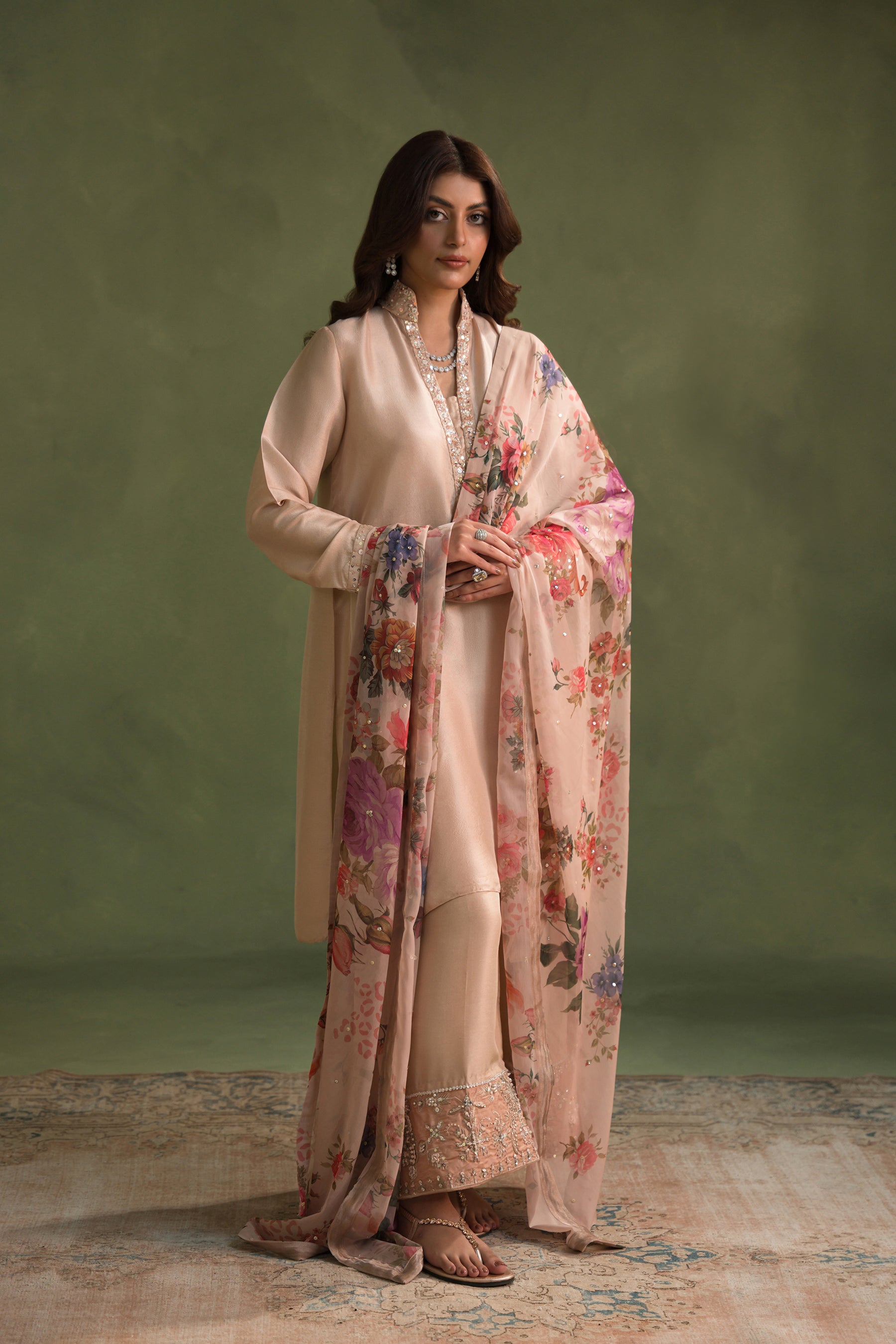 Peachy Nude Embellished Silk Salwar Kameez (3-Piece) - Image 2