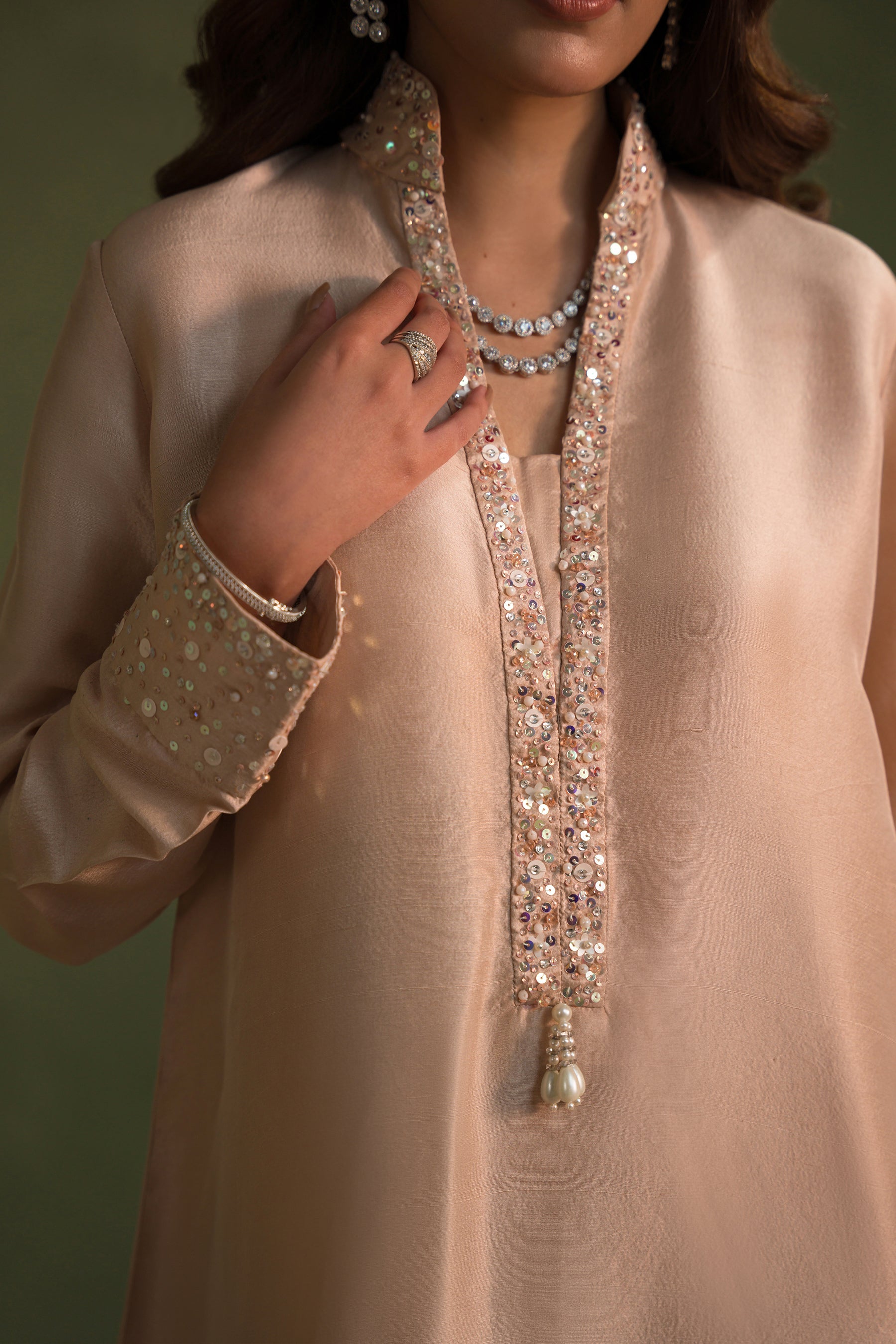 Peachy Nude Embellished Silk Salwar Kameez (3-Piece) - Image 3