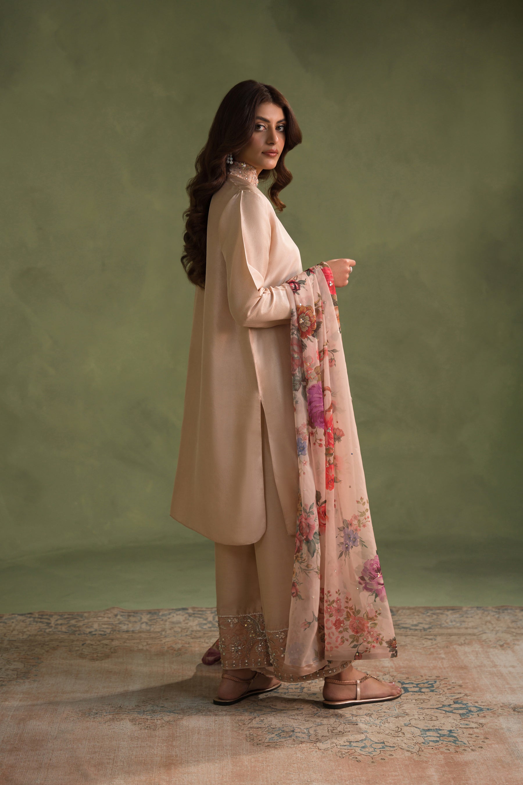 Peachy Nude Embellished Silk Salwar Kameez (3-Piece) - Image 4