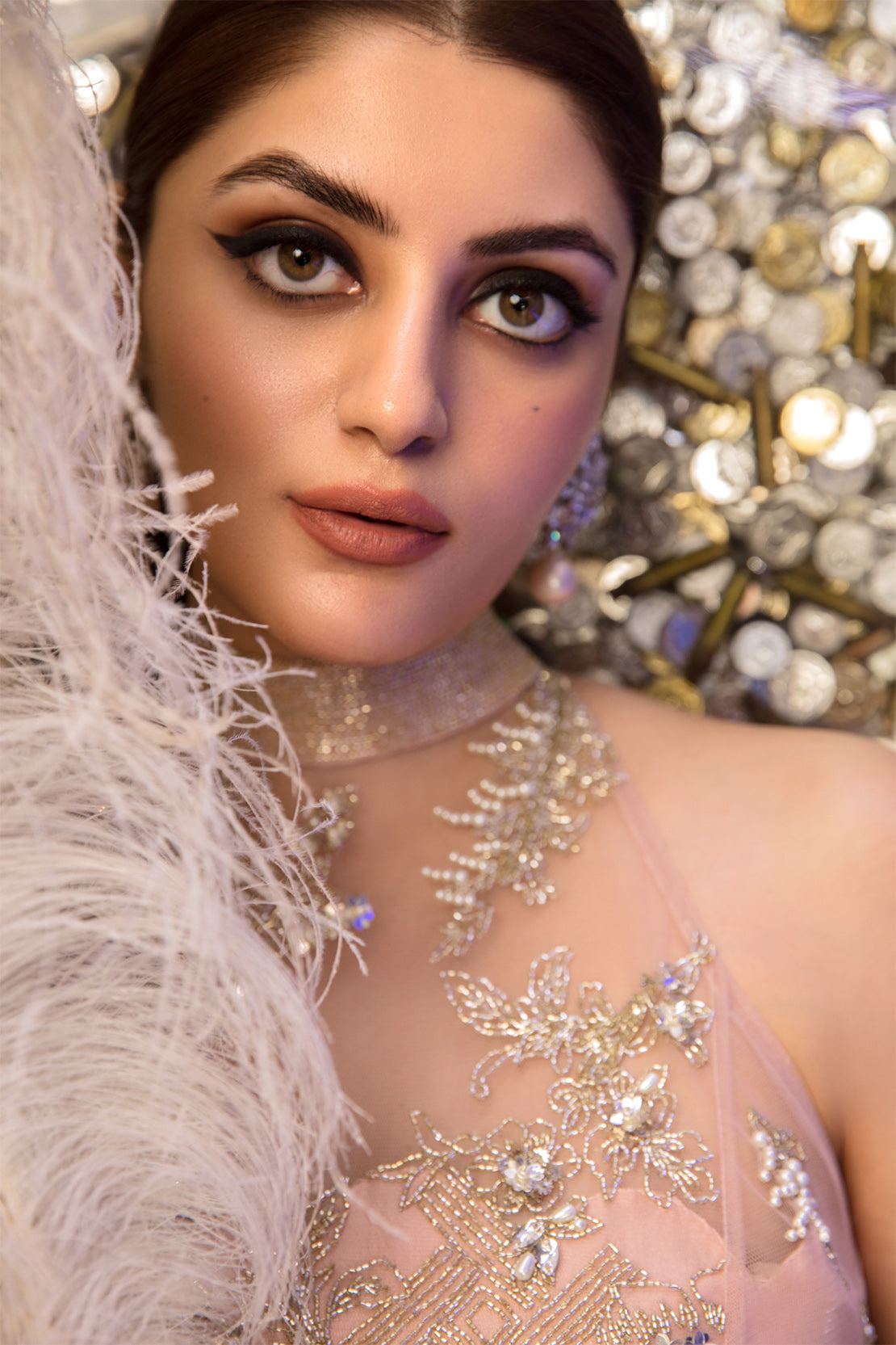 Cool Peach Embellished Net Flared Shirt (2-Piece) - Image 2