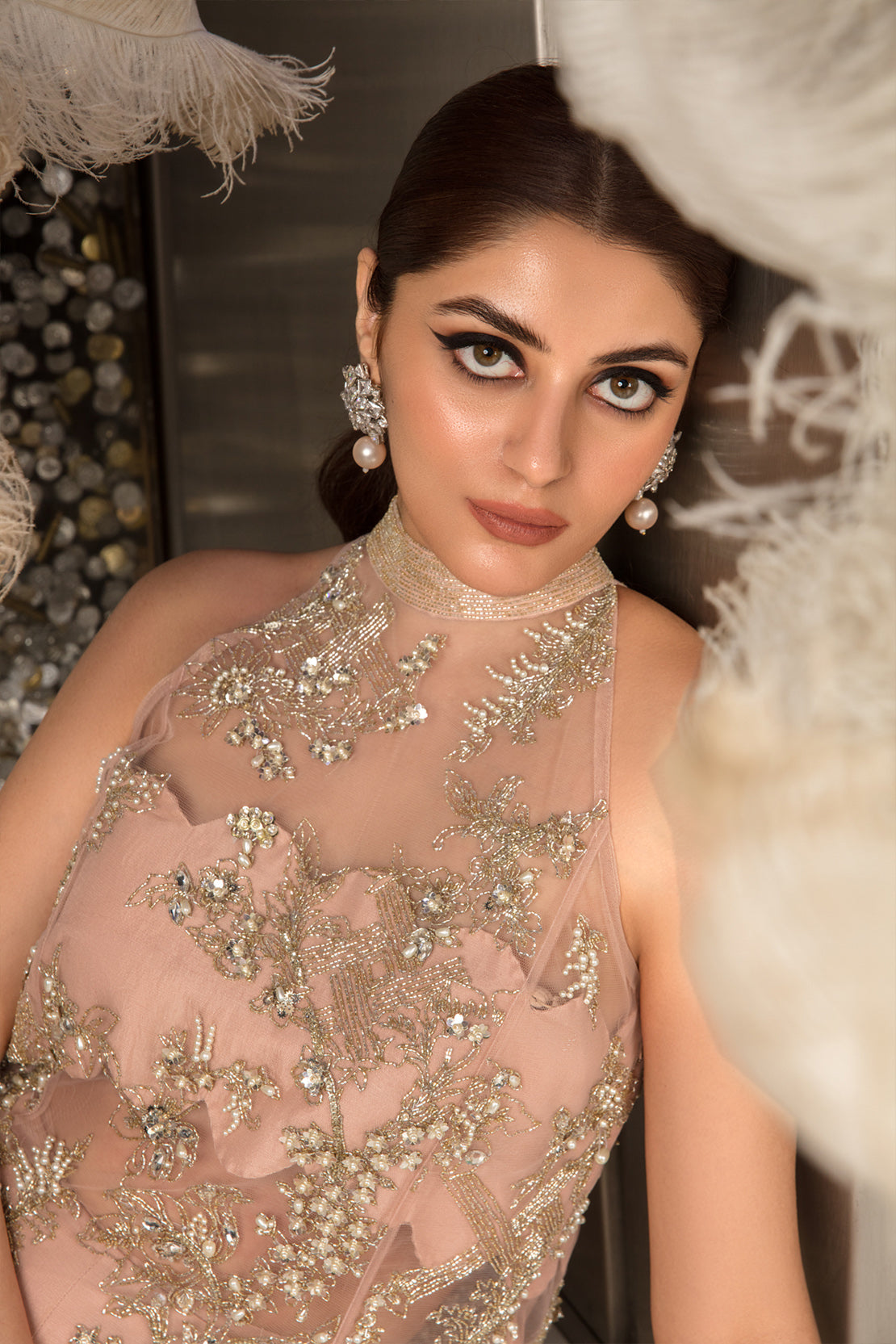 Cool Peach Embellished Net Flared Shirt (2-Piece) - Image 3