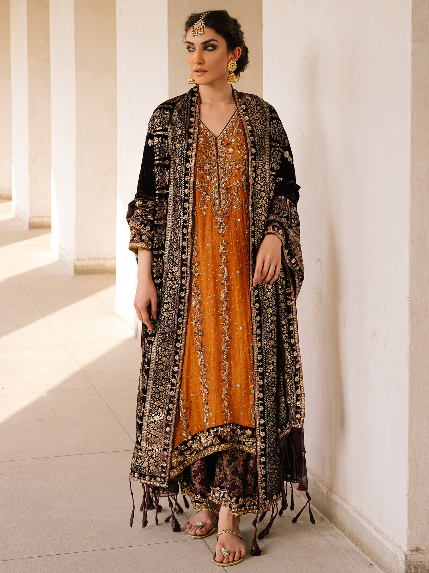 Peach Orange Zardozi Spun Net Salwar Kameez (3-Piece) - Image 1