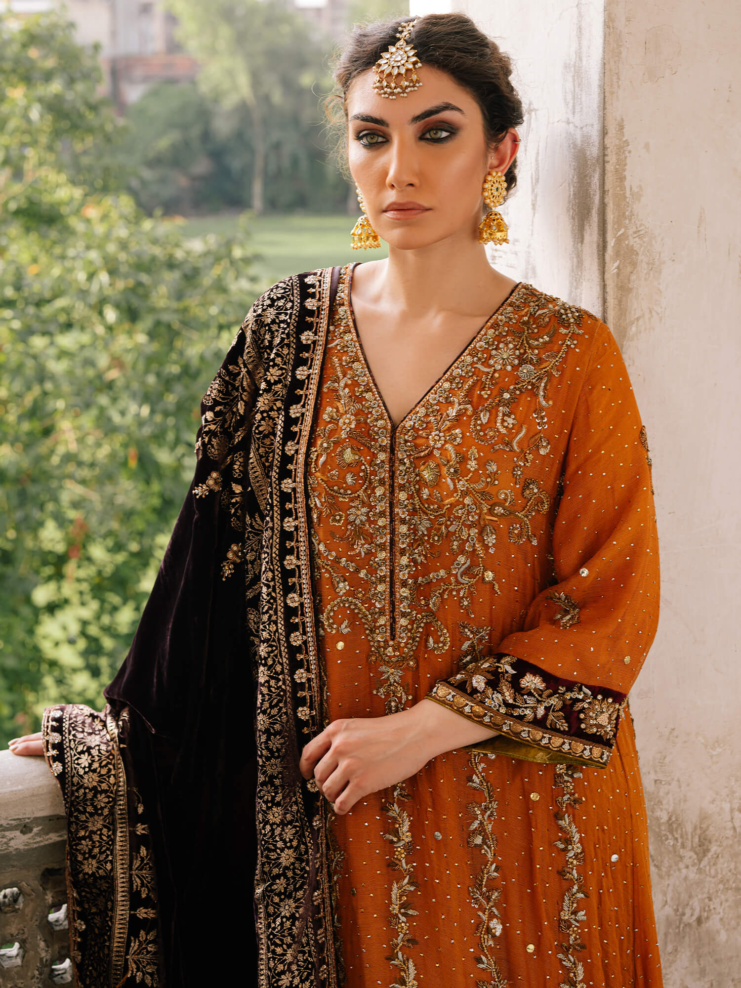 Peach Orange Zardozi Spun Net Salwar Kameez (3-Piece) - Image 2