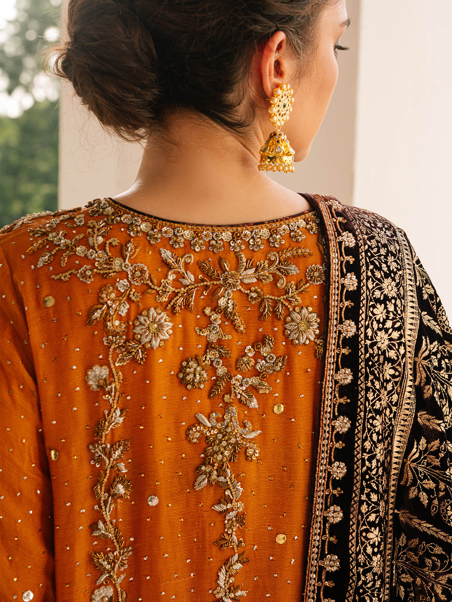 Peach Orange Zardozi Spun Net Salwar Kameez (3-Piece) - Image 3