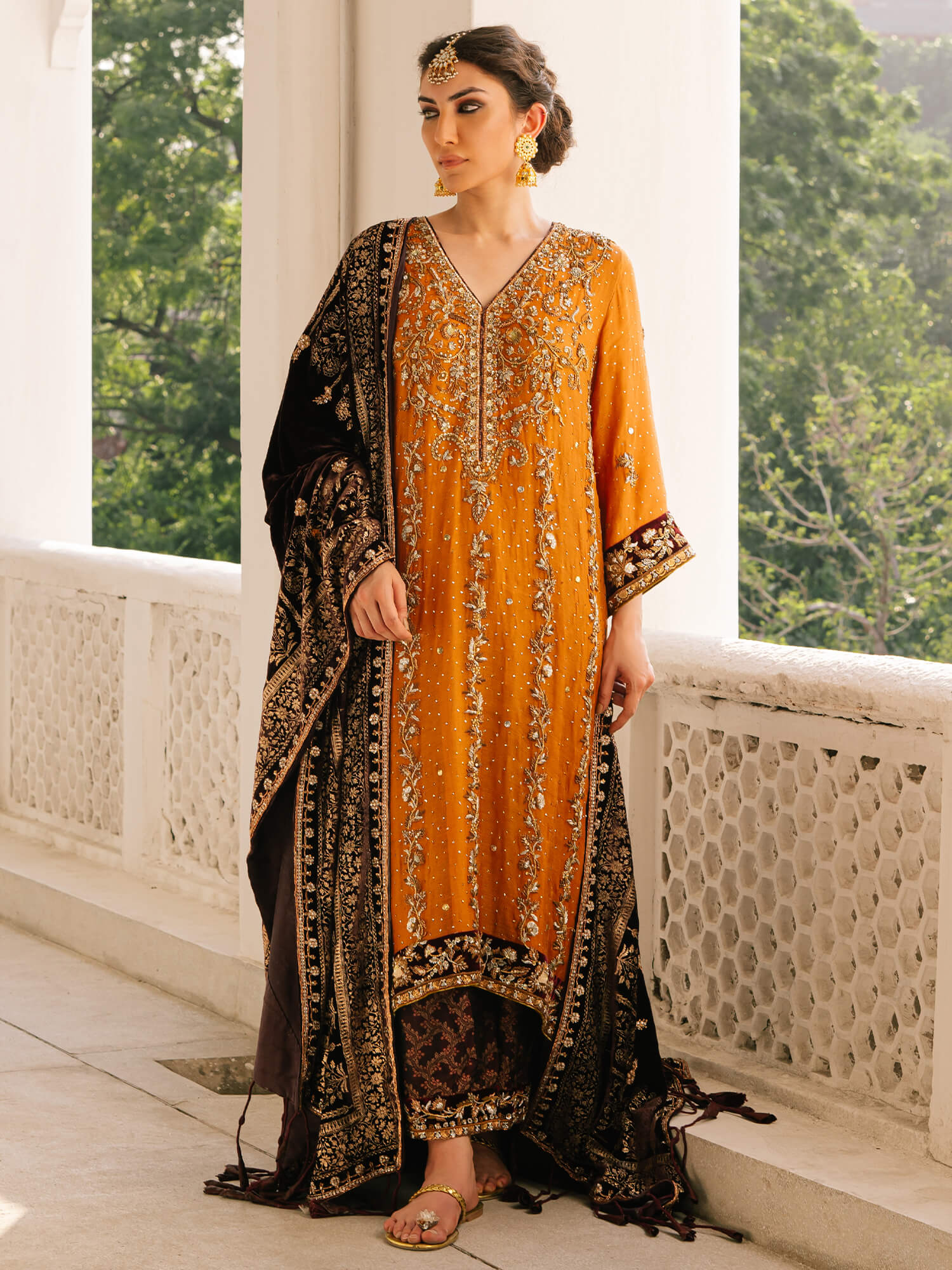 Peach Orange Zardozi Spun Net Salwar Kameez (3-Piece) - Image 4