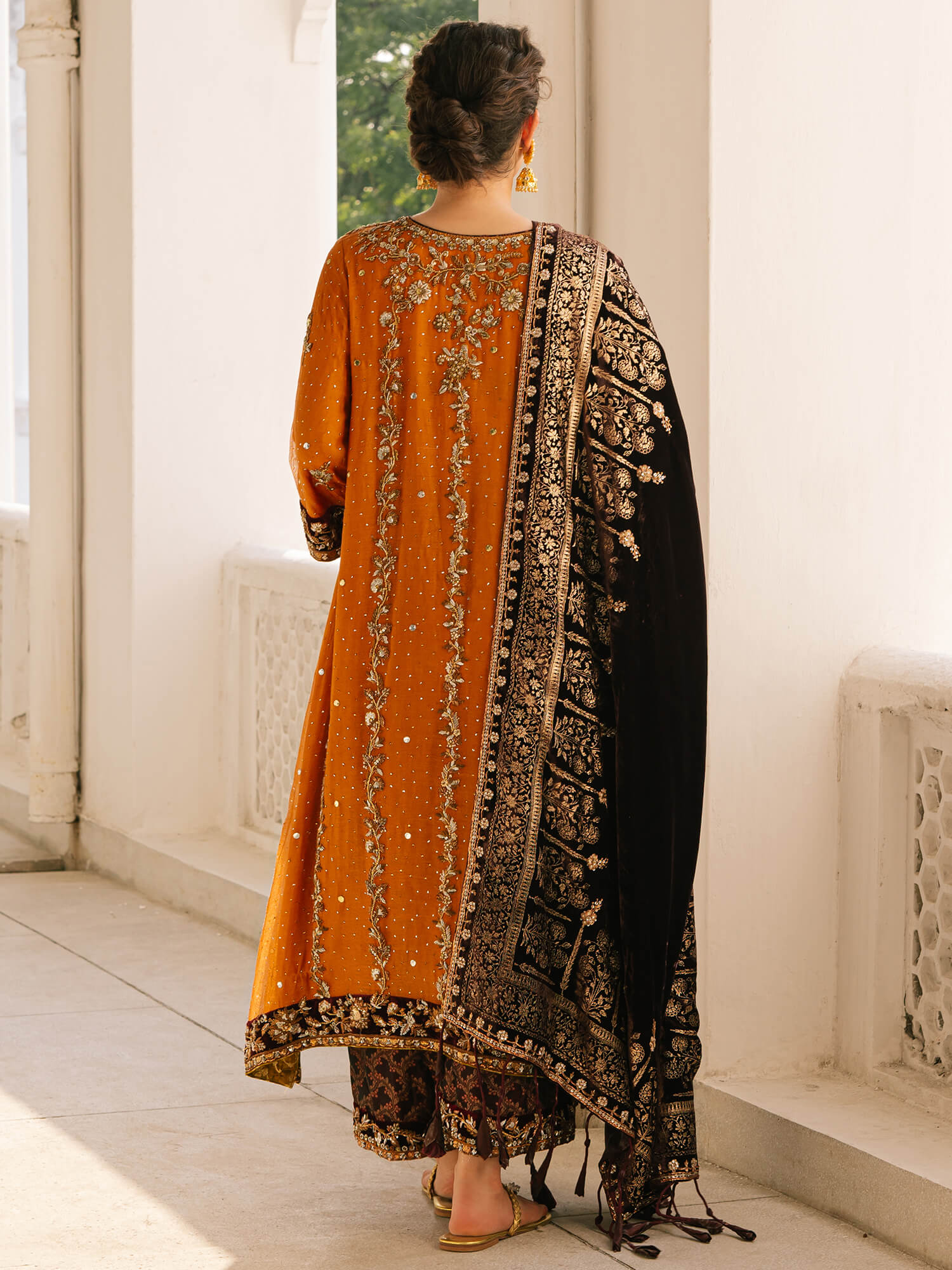 Peach Orange Zardozi Spun Net Salwar Kameez (3-Piece) - Image 5