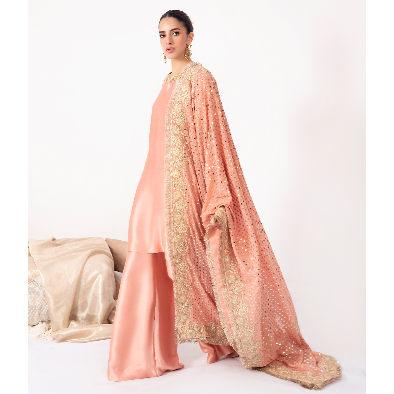 Blush Peach Zardozi Tissue Silk Salwar Kameez (3-Piece) - Image 1
