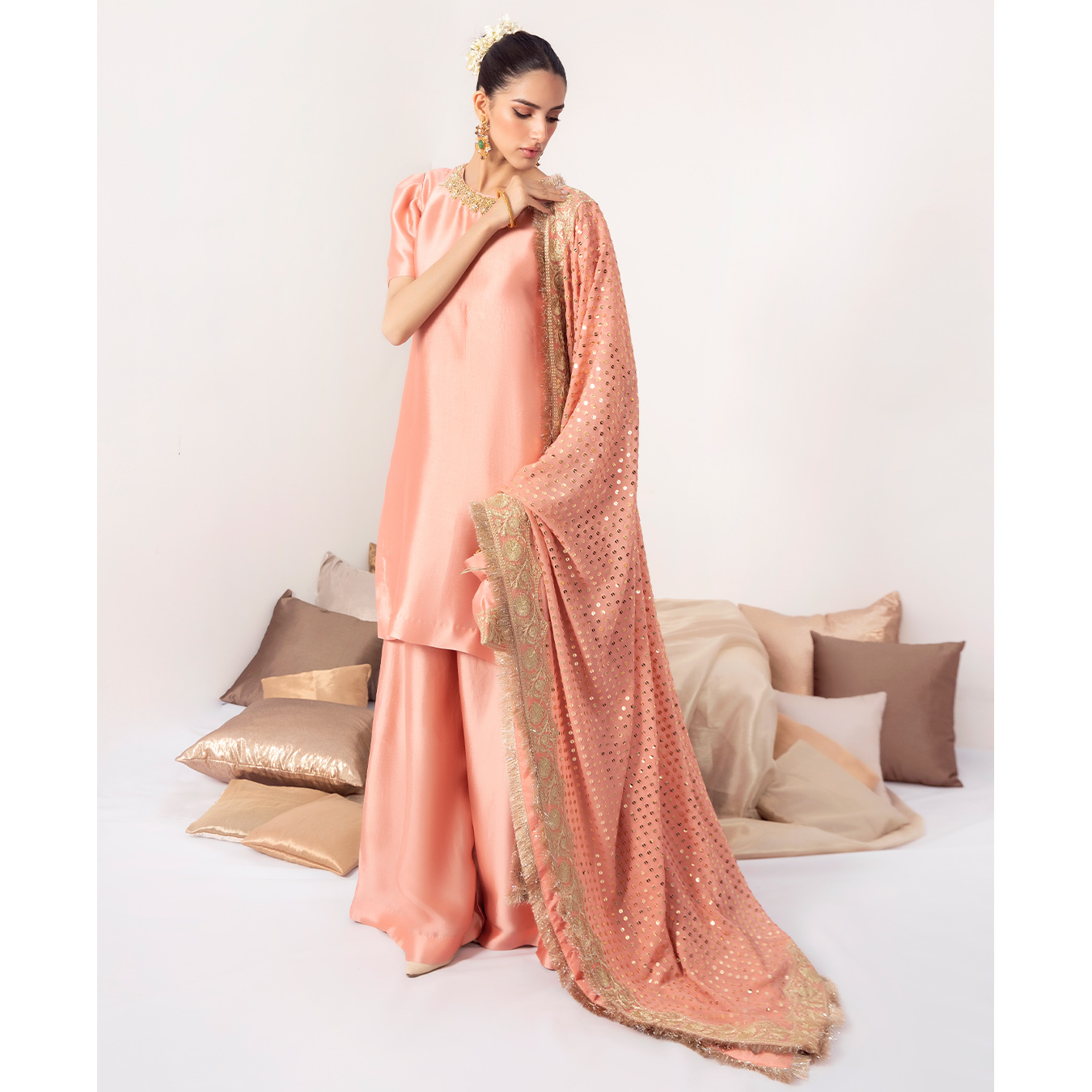 Blush Peach Zardozi Tissue Silk Salwar Kameez (3-Piece) - Image 2