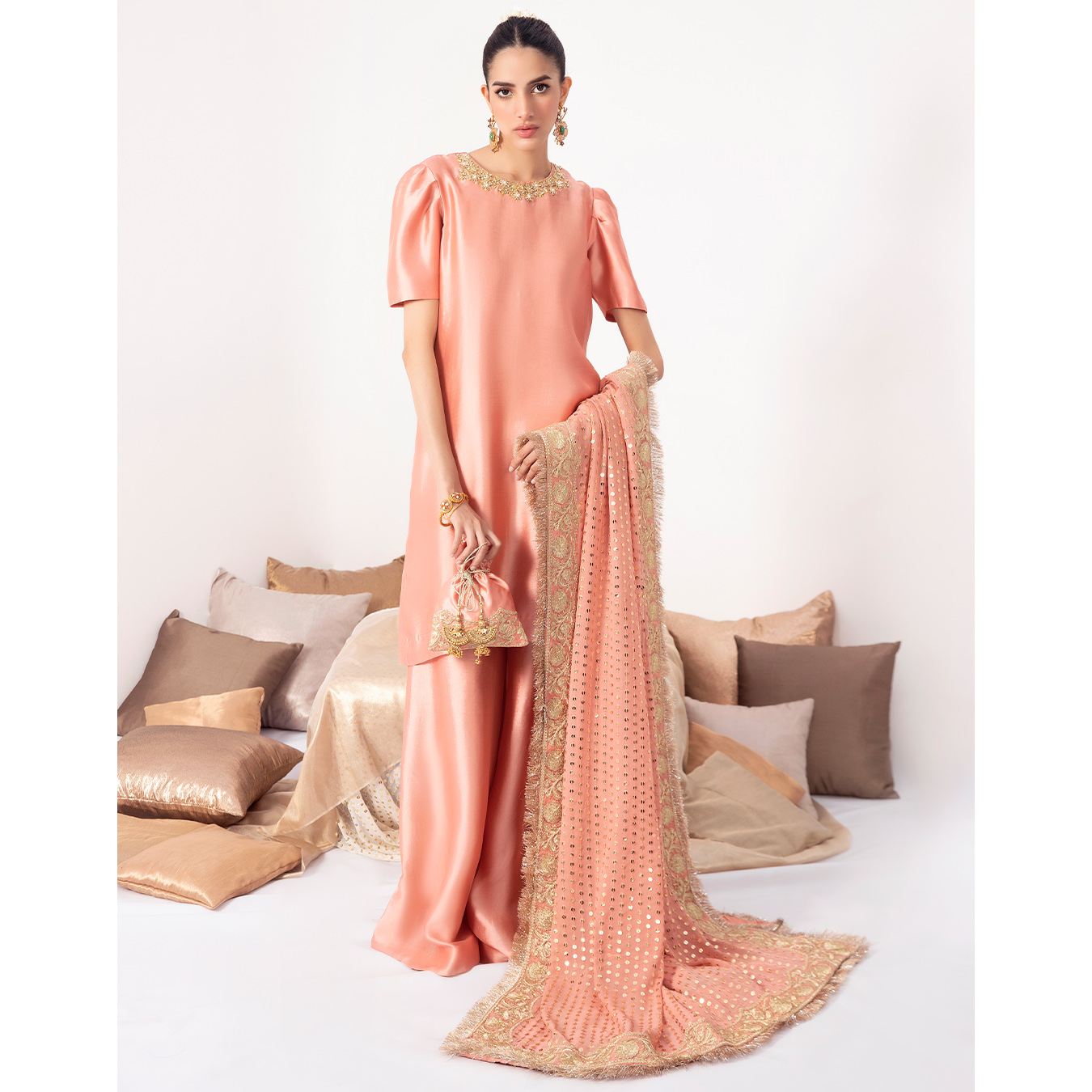 Blush Peach Zardozi Tissue Silk Salwar Kameez (3-Piece) - Image 3